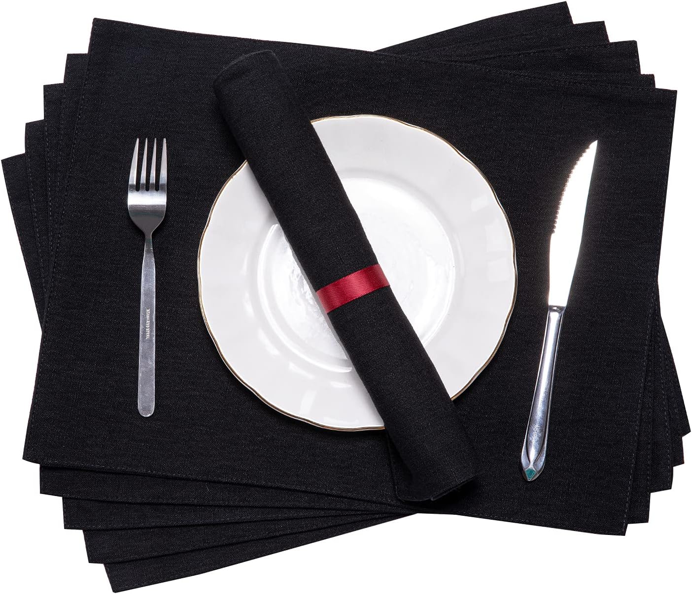 Dubulle Black Table Runner & 6 Placemats Cotton Linen Double Layer Heat Resistant Farmhouse Kitchen Dining Antiwrinkle Table Runner Set with 6 Place Mats