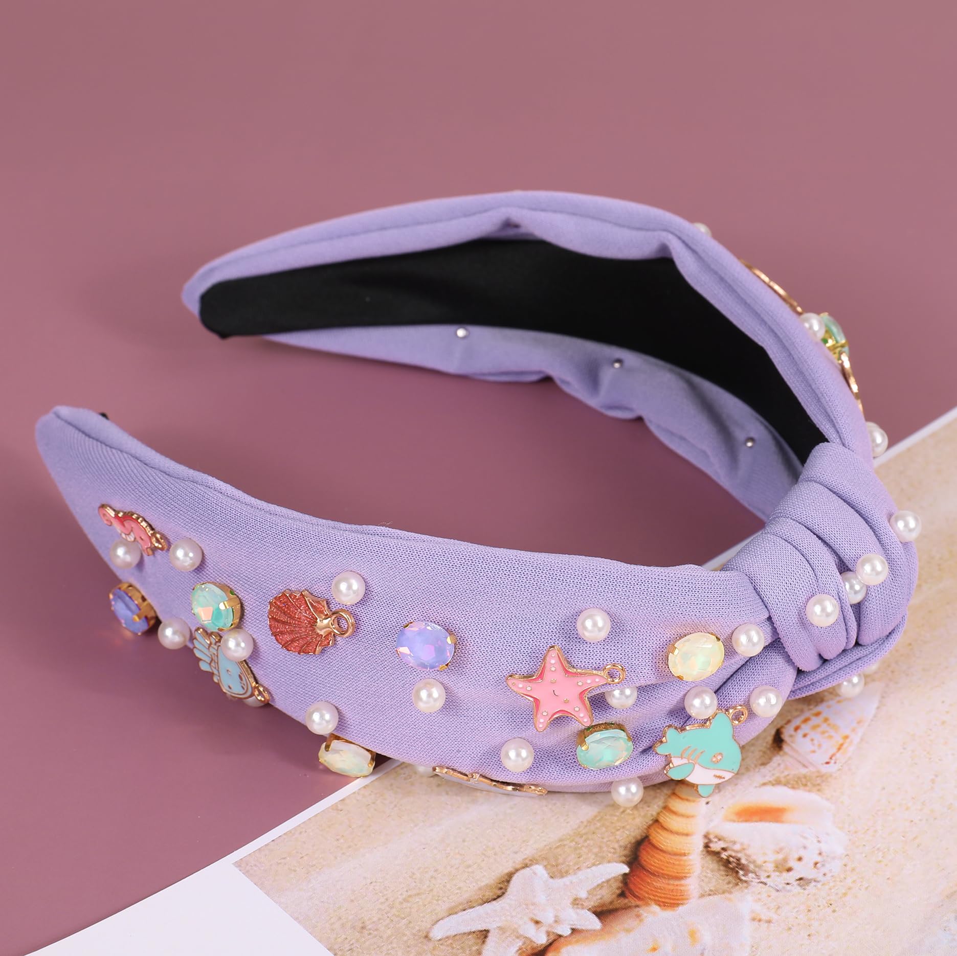 Cerchietto annodato oceano per donne e ragazze stelle marine conchiglie meduse pesce delfino fascia decorazione perla strass gioiello fascia per capelli estate spiaggia accessori per capelli