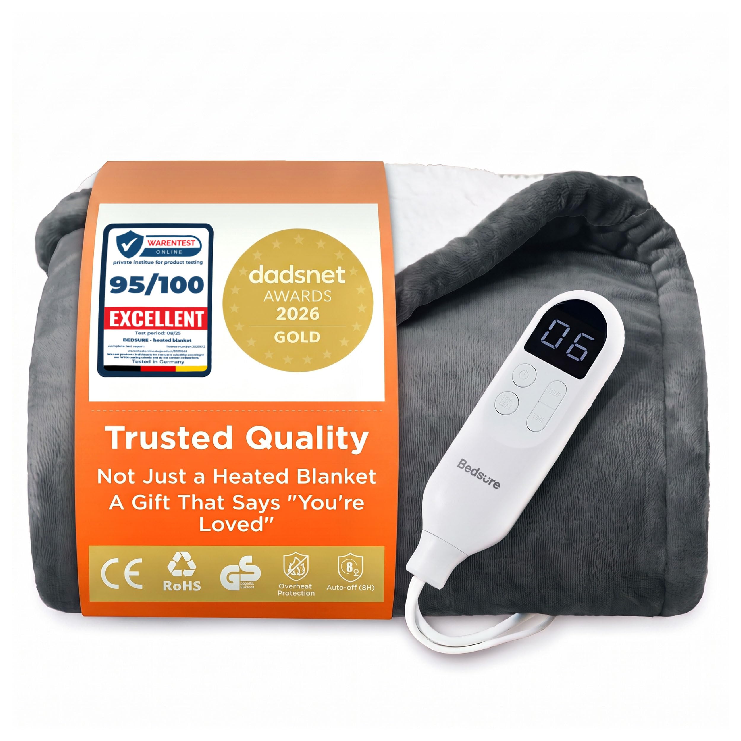 Bedsure Electric Blanket Heated Throw - Flannel, 130x180cm, Grey