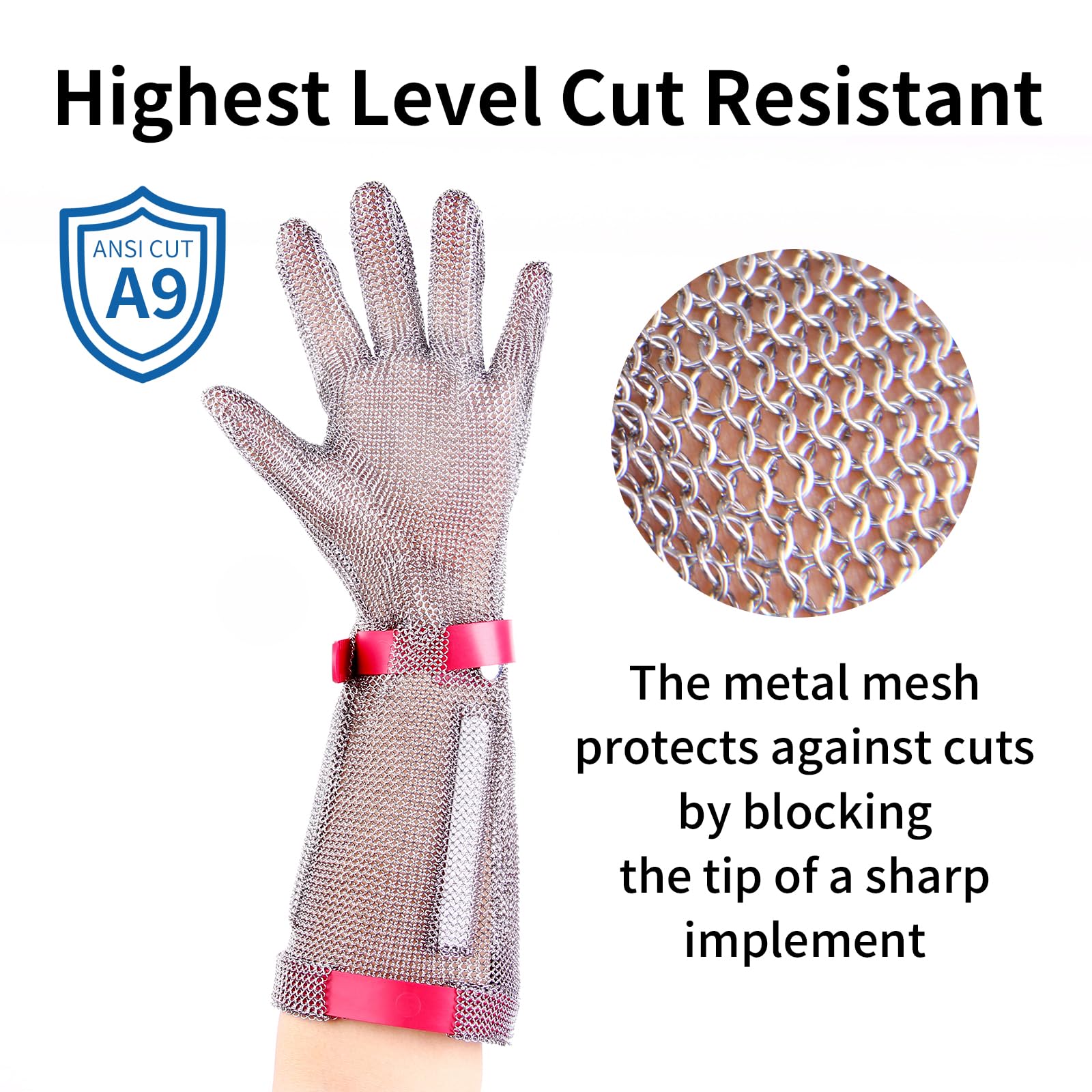 Guante profesional de acero inoxidable, 15 cm de largo, resistente a los cortes con correa de plástico, para carniceros y procesamiento de carne (XL)