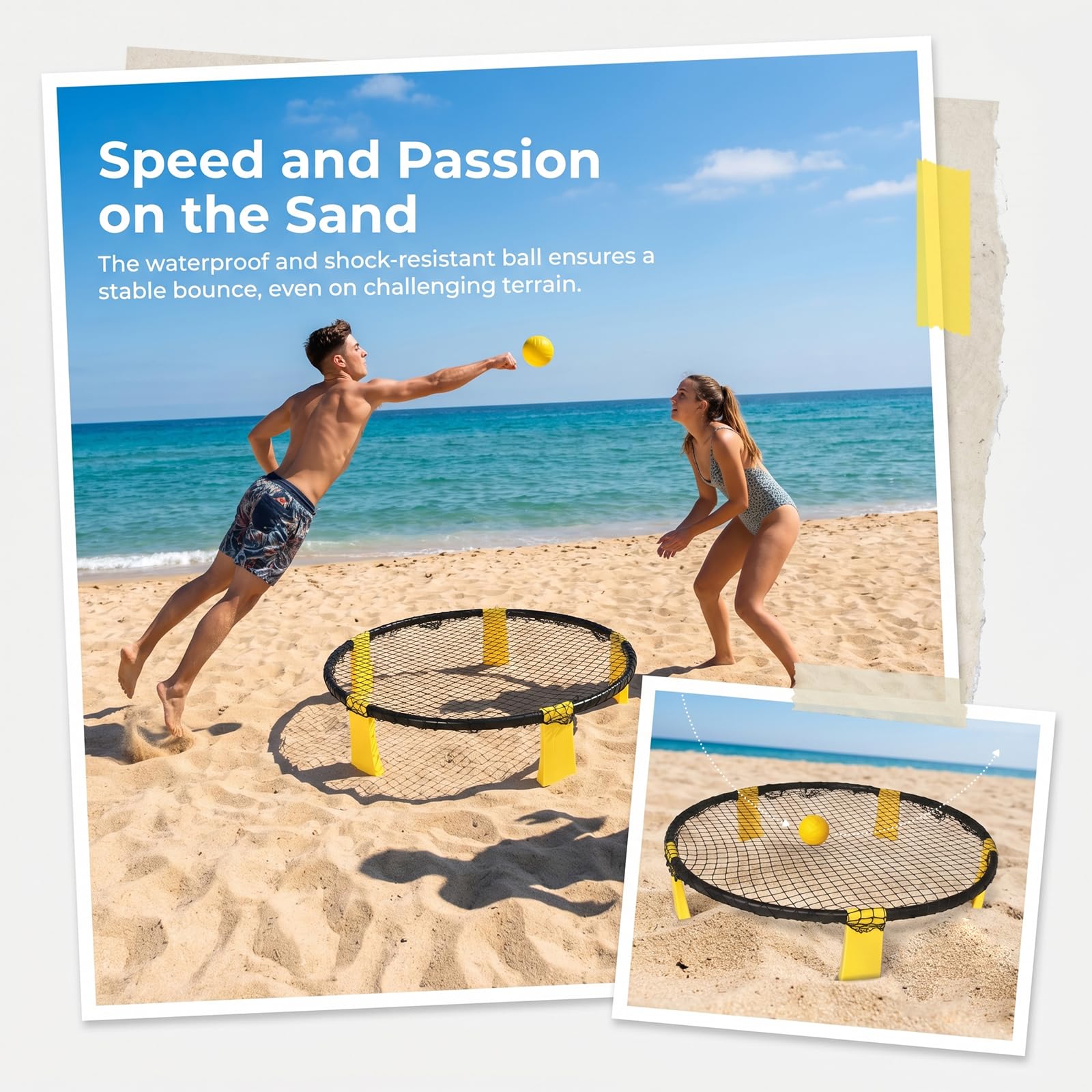Profi Roundnet Set für Draußen Stabiles Outdoor Spieleset für Garten und Strand Tragbares Ballspiel für Erwachsene und Kinder inklusive Netz 2 Bälle Pumpe und Tasche Gelb