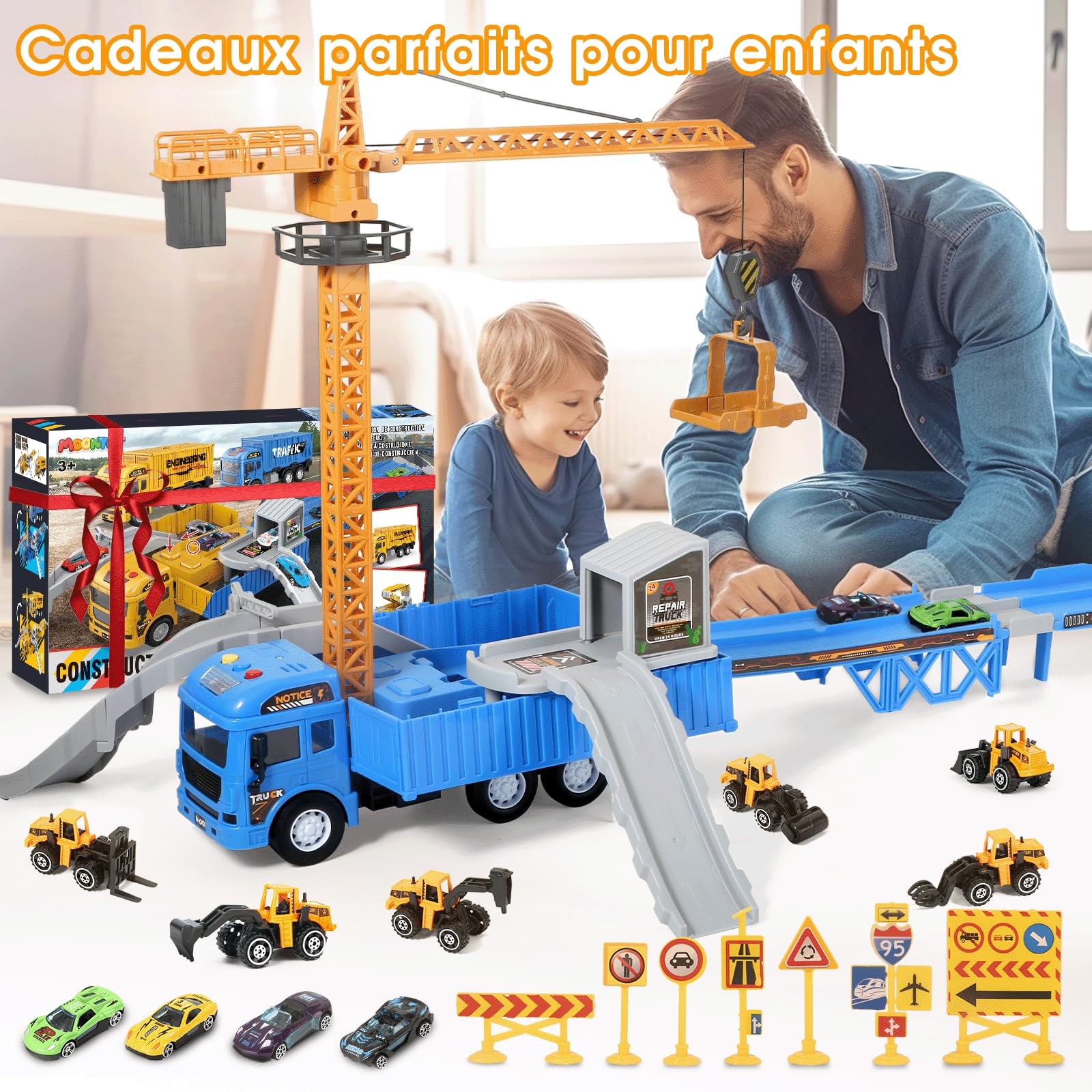 MOONTOY Jouets de Construction Enfants, Ensemble Camions de Chantier avec Piste Éjectante, Grue, Excavateur, Fourchonneuse, Bulldozer, Camion Benne, Cadeaux pour Garçons 3 4 5 6 Ans