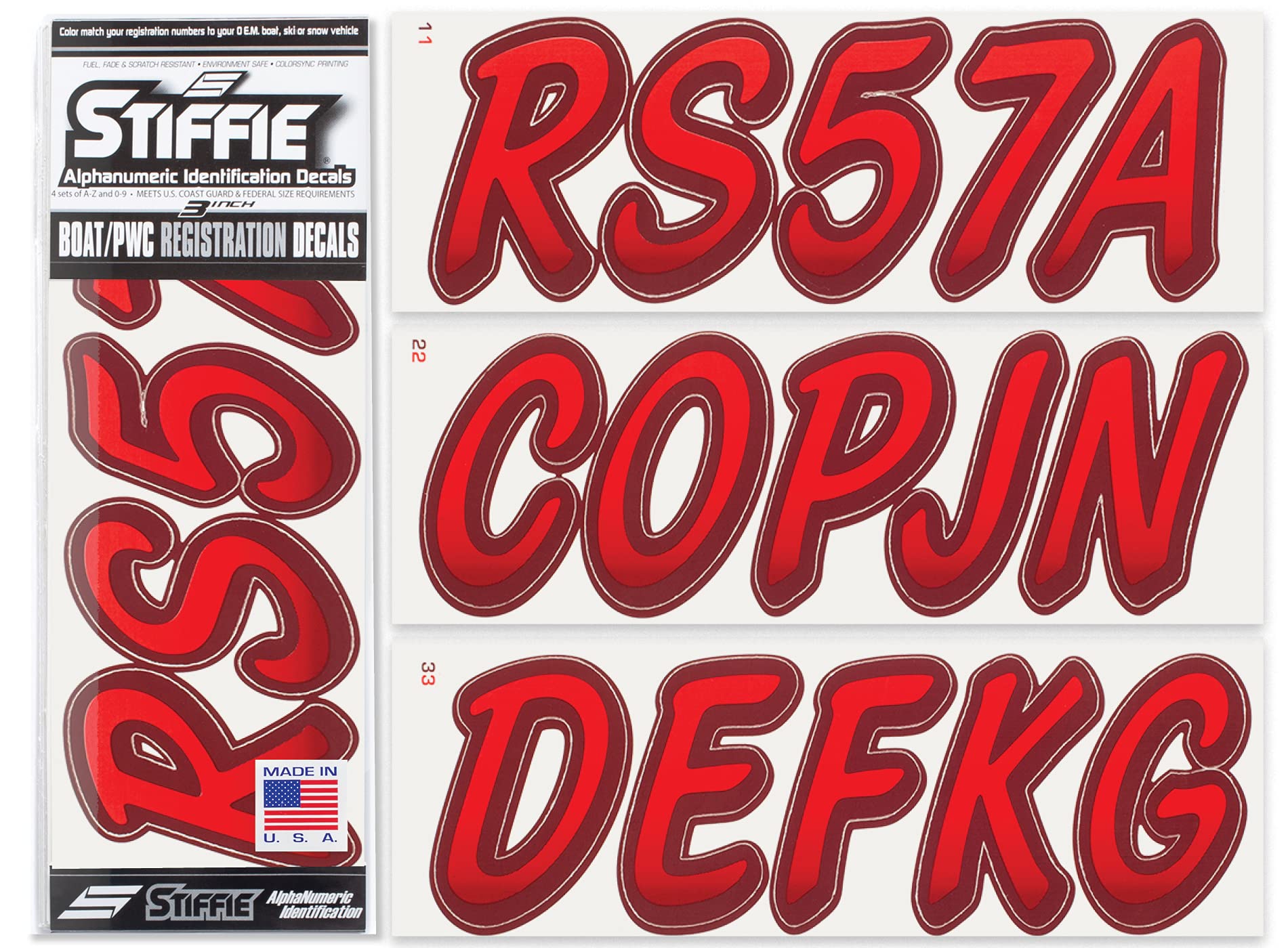 STIFFIE Whipline Red/Burgundy 3" Boat &amp; PWC Registration Decals • Numbers Letters Stickers