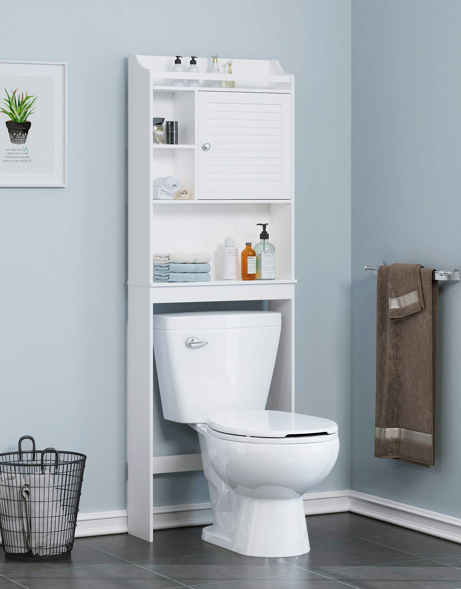 Spirich Home Bathroom Shelf Over The Toilet, Bathroom Cabinet Organizer Over Toilet with Louver Door,White (White Shelf)