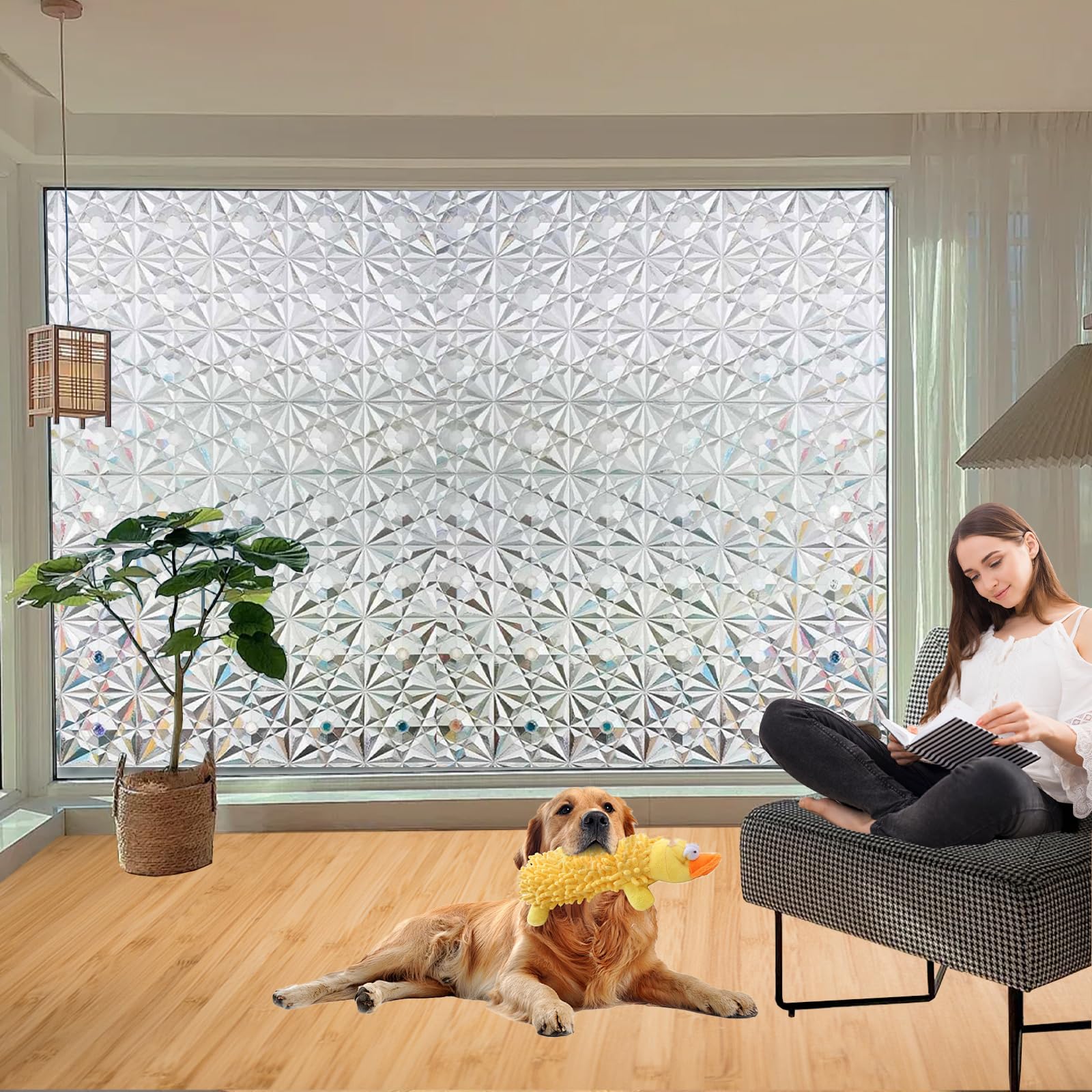 Privacy Film for Glass Windows 80 x 110 cm Daytime Privacy, Removable, No Glue, Static Cling, Opaque Glass Film for Bedrooms, Living Rooms, Kitchens, 3D Diamond