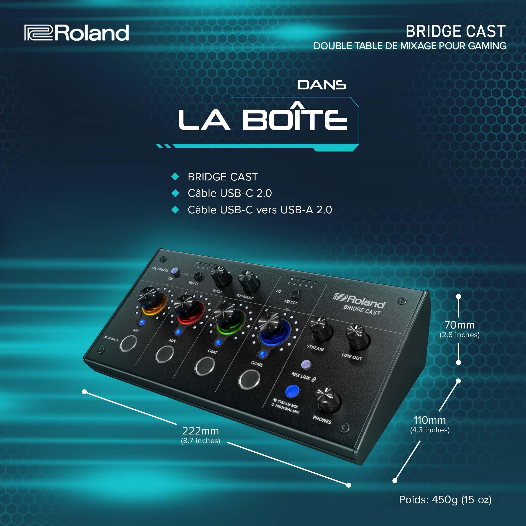 Roland Double table de mixage de gaming BRIDGE CAST | Interface de streaming audio professionnel et table de mixage pour joueurs en ligne | DSP matériel 32 bits | Noire