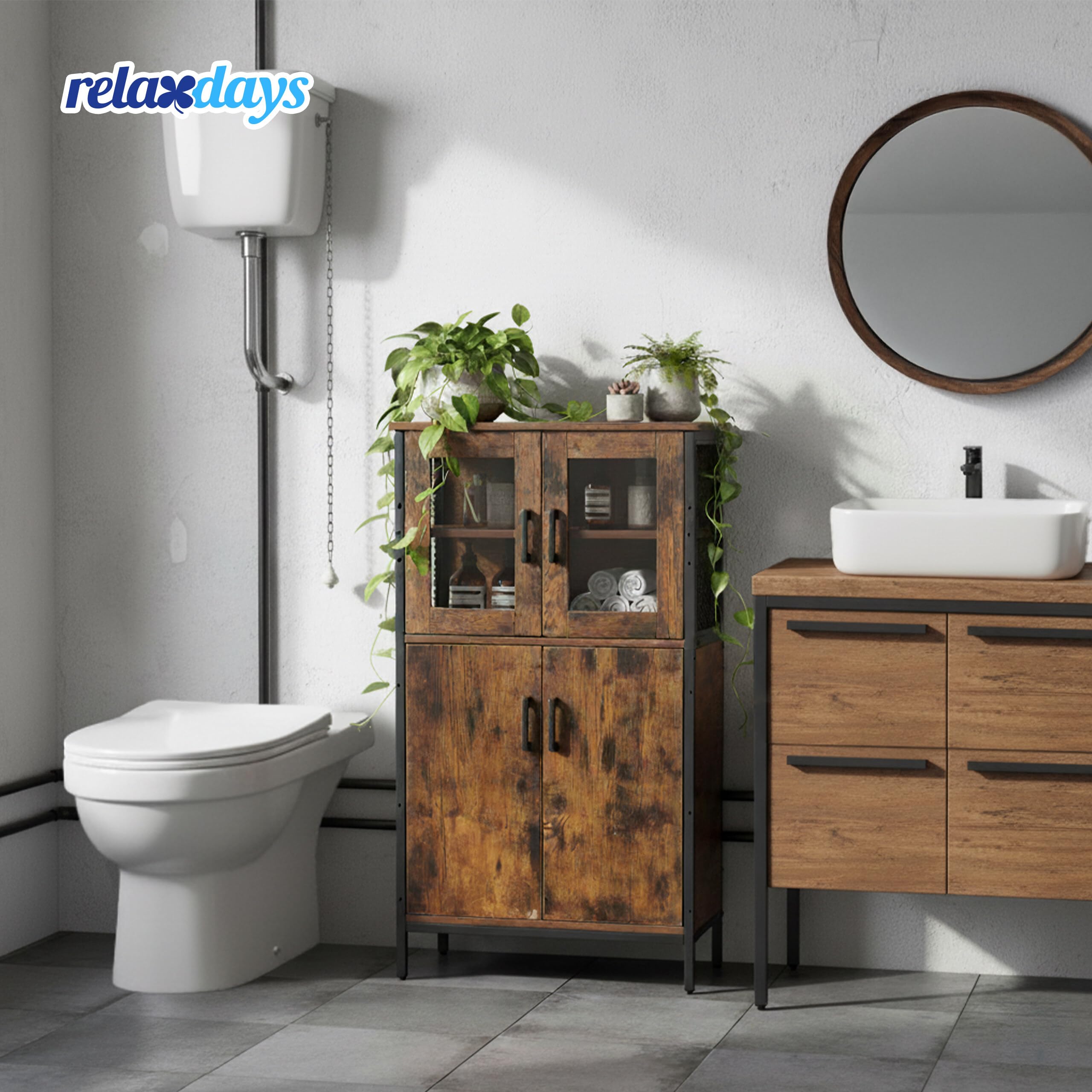 Relaxdays Küchenschrank Industrial, Hochschrank mit Glastüren HBT 108x60x30 cm, Vitrinenschrank schmal, Holzoptik, braun
