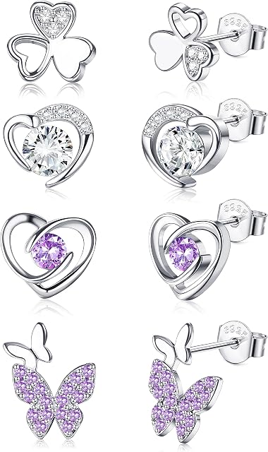 JeweBella 4 Pairs Silver Stud Earrings Set for Women Girls Hypoallergenic 925 Sterling Silver Post Heart Butterfly Earrings Set Zirconia Cute Cartilage Earrings for Kids Baby Pink/Purple