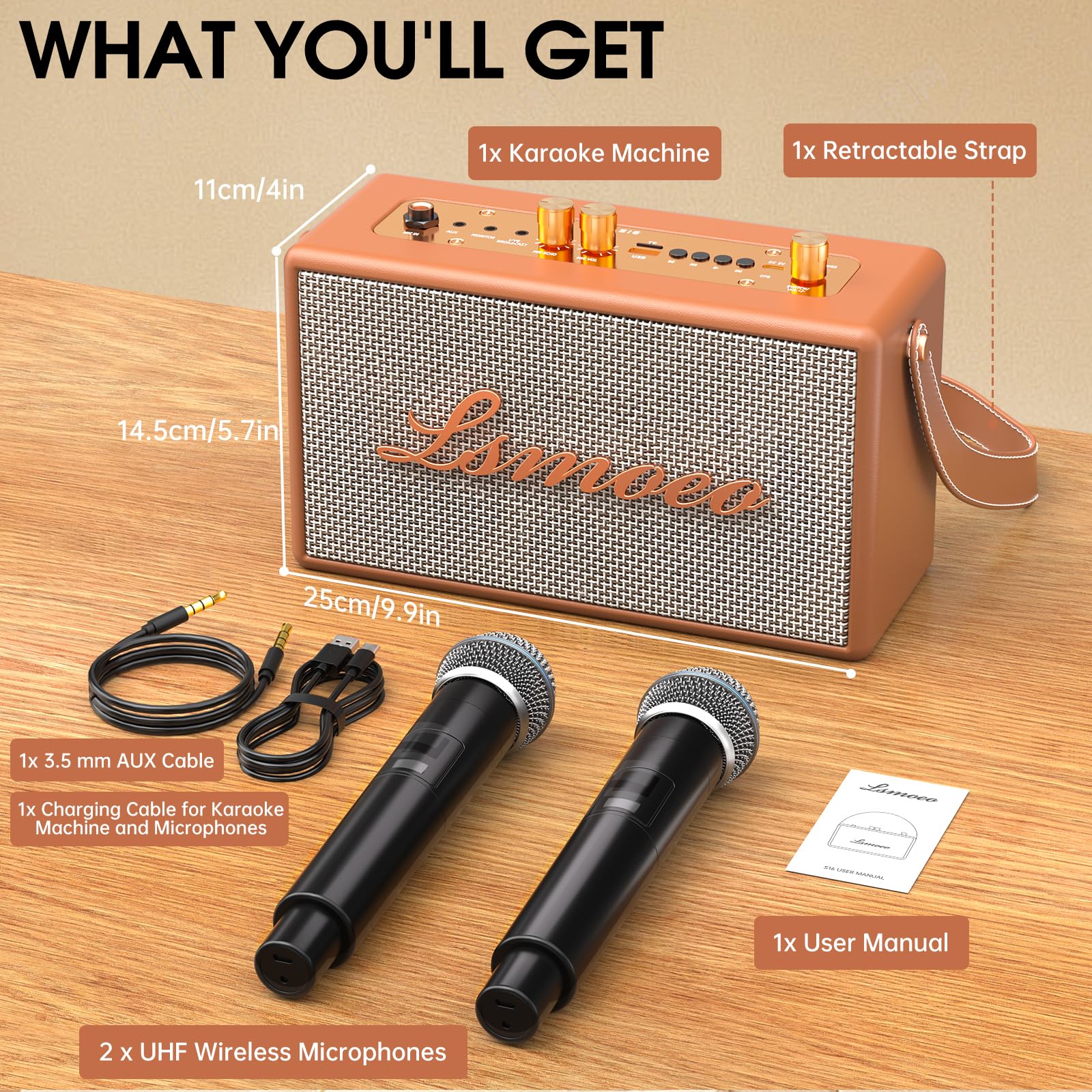 Máquina de Karaoke Portátil,2 Microfonos Inalambricos para Adultos Niños Karaoke Altavoz, micrófono de Cuatro Canales Ampliación Soporta TV/Smartphone/AUX/USB Cumpleañosregalos Vintage (Marrón)