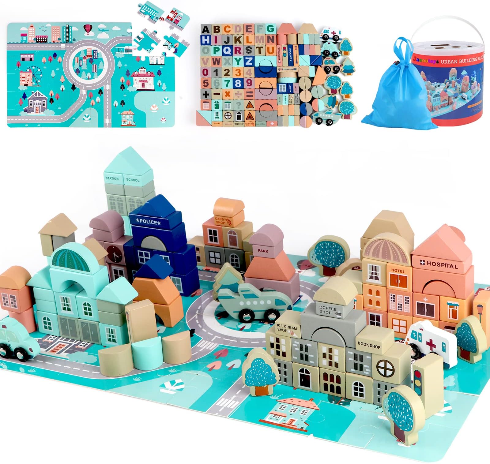 Jacootoys133 Pieces City Wooden Building Blocks Educational Toys in Storage Box with Shape Sorter Games for 3-6 Years Children Boys Girls