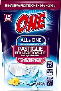 ONE PASTIGLIE PER LAVASTOVIGLIE Tutto in 1 al Limone, Pulisce a fondo, Brillantezza di Vetro, Metallo e Piatti nel Breve Programma, Tabs Involucro Idrosolubile, Pulizia a basso impatto ambientale