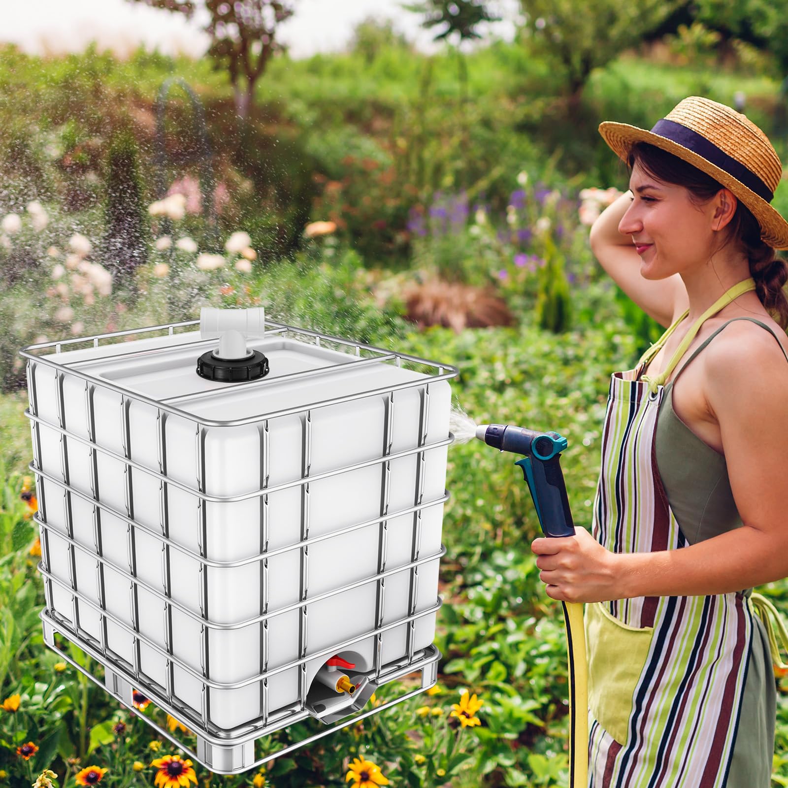 QUARKZMAN 163mm Tapa de Filtro de de IBC, Adaptador de Manguera en T para Contenedor de Tanque de Agua de Lluvia de 1000L para Tanques de Agua de 275gal, Negro/Blanco