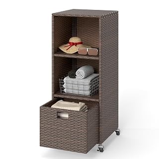 RELAX4LIFE Wicker Outdoor Storage Cabinet - Rattan Pool Towel Rack on Wheels w/Shelves and Drawer, Tall Patio Furniture Outside Caddy Organizer for Porch Deck, Garden Tool & Hot Tub Accessory Storage - Amazon product rated Grade A
