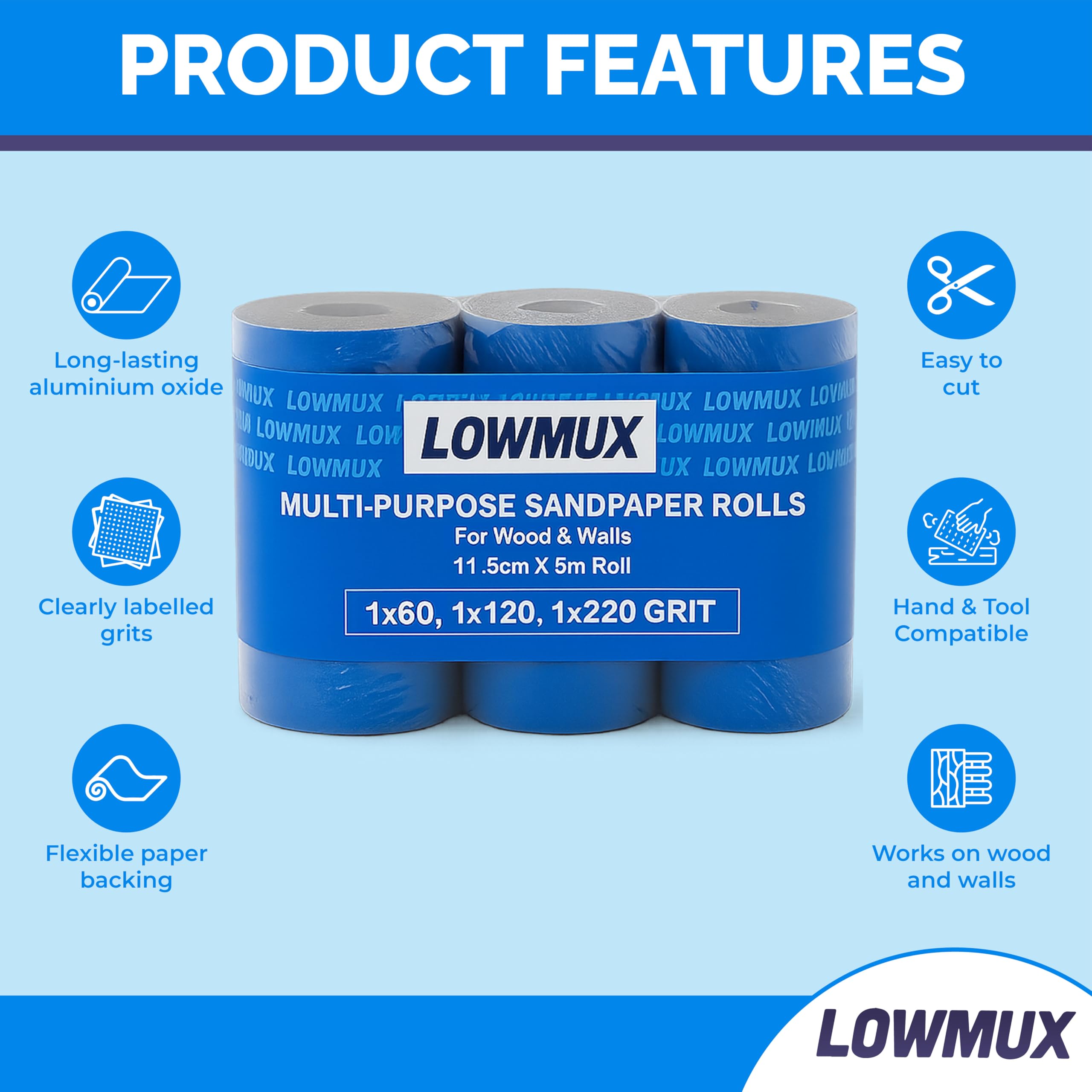 LowMux Sandpaper Rolls, 3 Pack (60, 120, 220 Grit), 11.5cm x 5m Each, Aluminium Oxide Sandpaper for Wood & Walls, Easy to Cut - Image 2