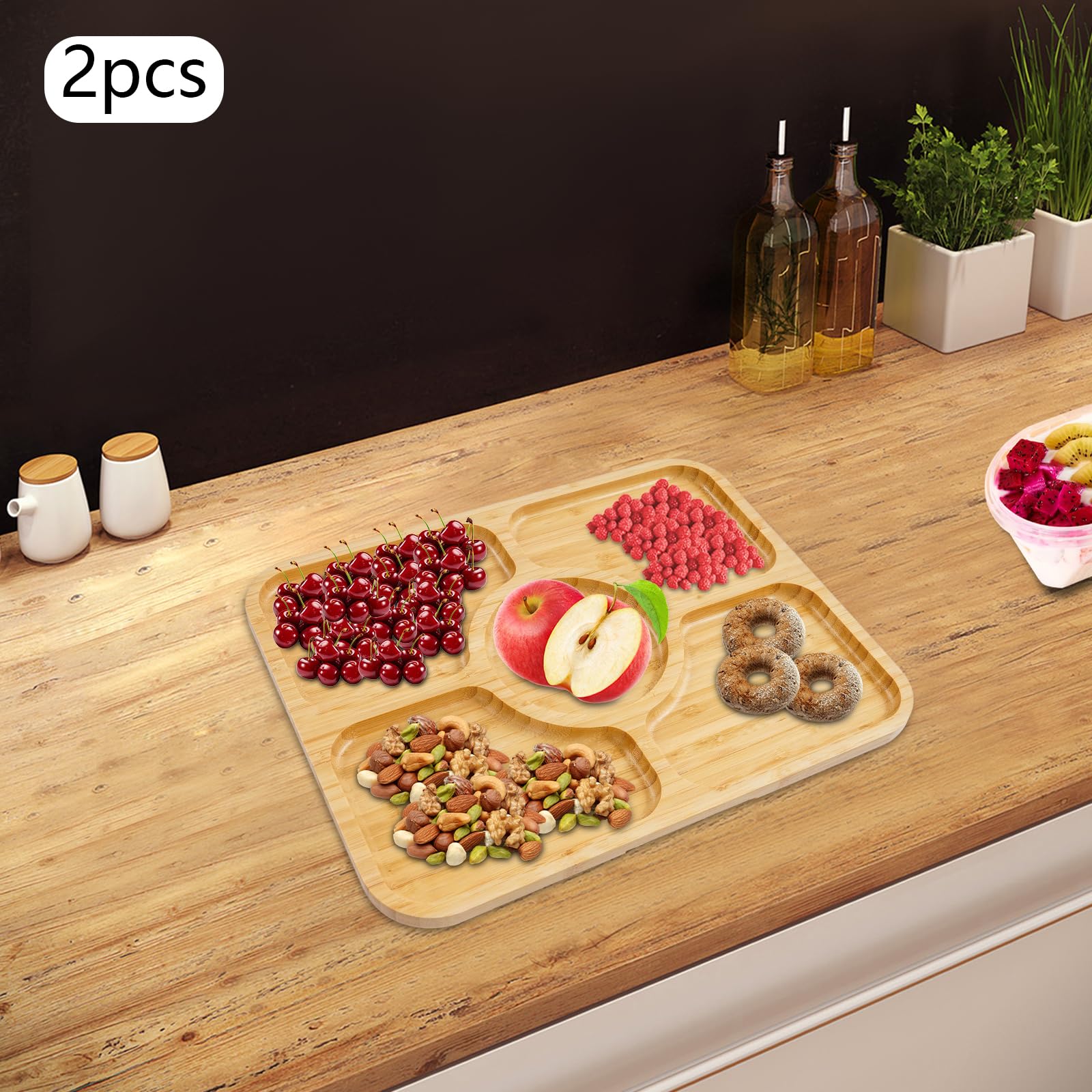 2 tablas de queso con tapa, bandeja para servir a madera de bambú, bandeja multifuncional con asa, tabla de charcutería para comida familiar, reunión, picnic, 35,3 x 28,3 cm (5 cuadrículas)