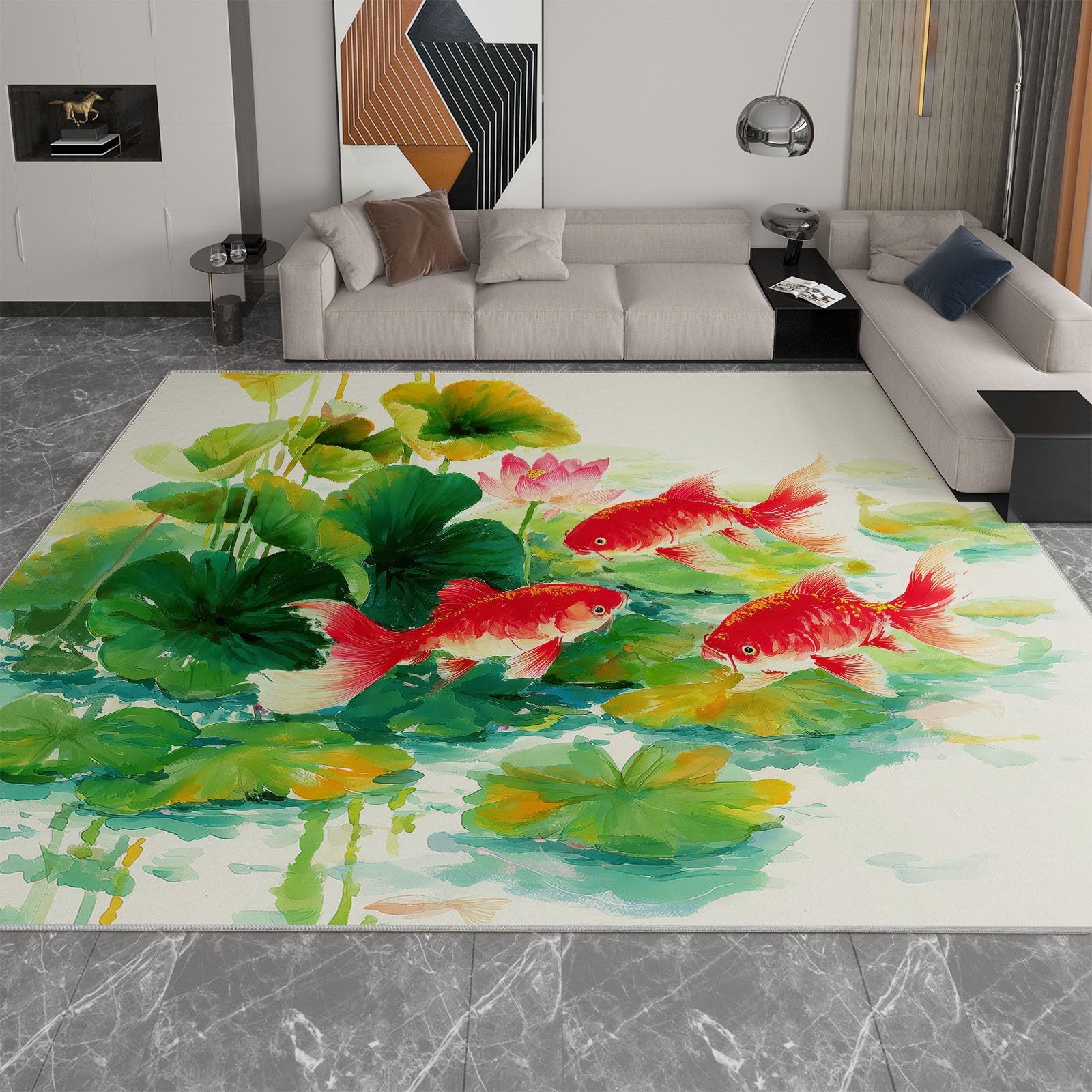 Goldfish - Alfombra antideslizante con diseño de hojas de estanque de loto, 120 x 170 cm, lavable a tinta, alfombra para dormitorio de niños y niñas, alfombra de suelo para sala de estar, dormitorio