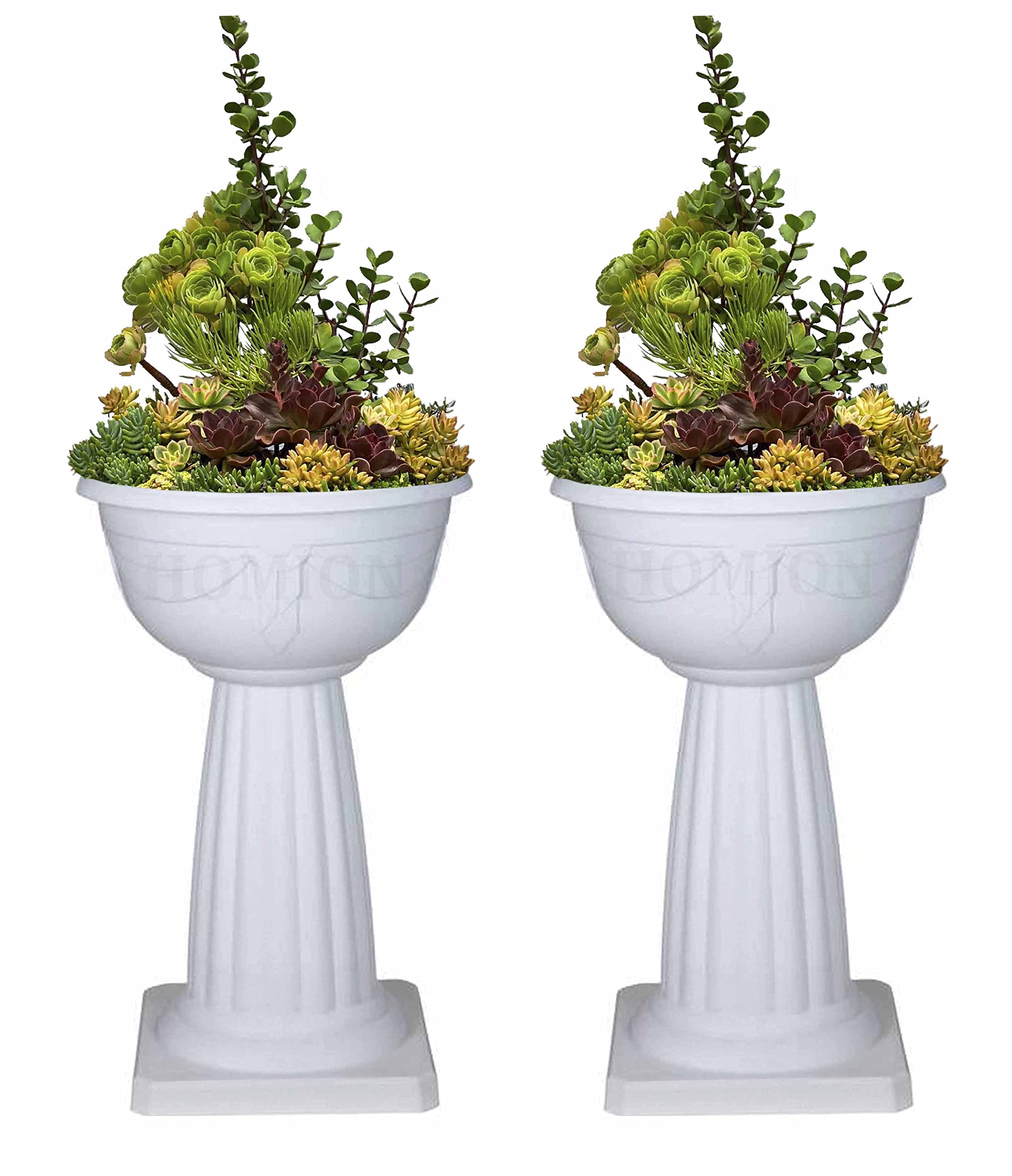 HOMION Set of 2 Pedestal Flower Plant Planter Pot 40cm White Jardinière Round Planter Pot Venetian Plastic Garden Bowl Free Standing