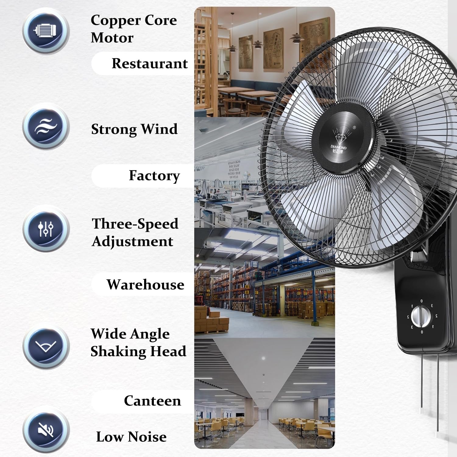 Ventilador de Pared Industrial con 3 Velocidades y Aspas de Aluminio | Oscilación 90°, Inclinación 30° para Almacén, Taller, Garaje, Fábrica y Uso Comercial(Diameter 44.5cm)