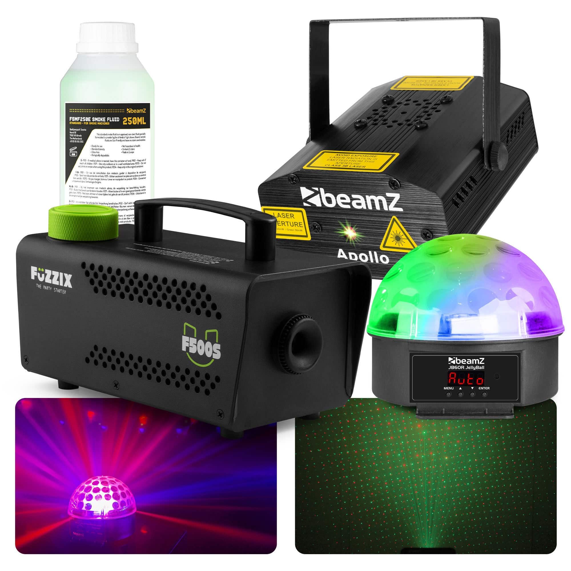 BeamZ Party Licht Set Komplett – 500W Nebelmaschine mit Fluid + LED Jelly Ball & Apollo Effektstrahler – Discolicht Set für Zuhause, DJ, Geburtstag & Partykeller – Plug & Play Lichtanlage