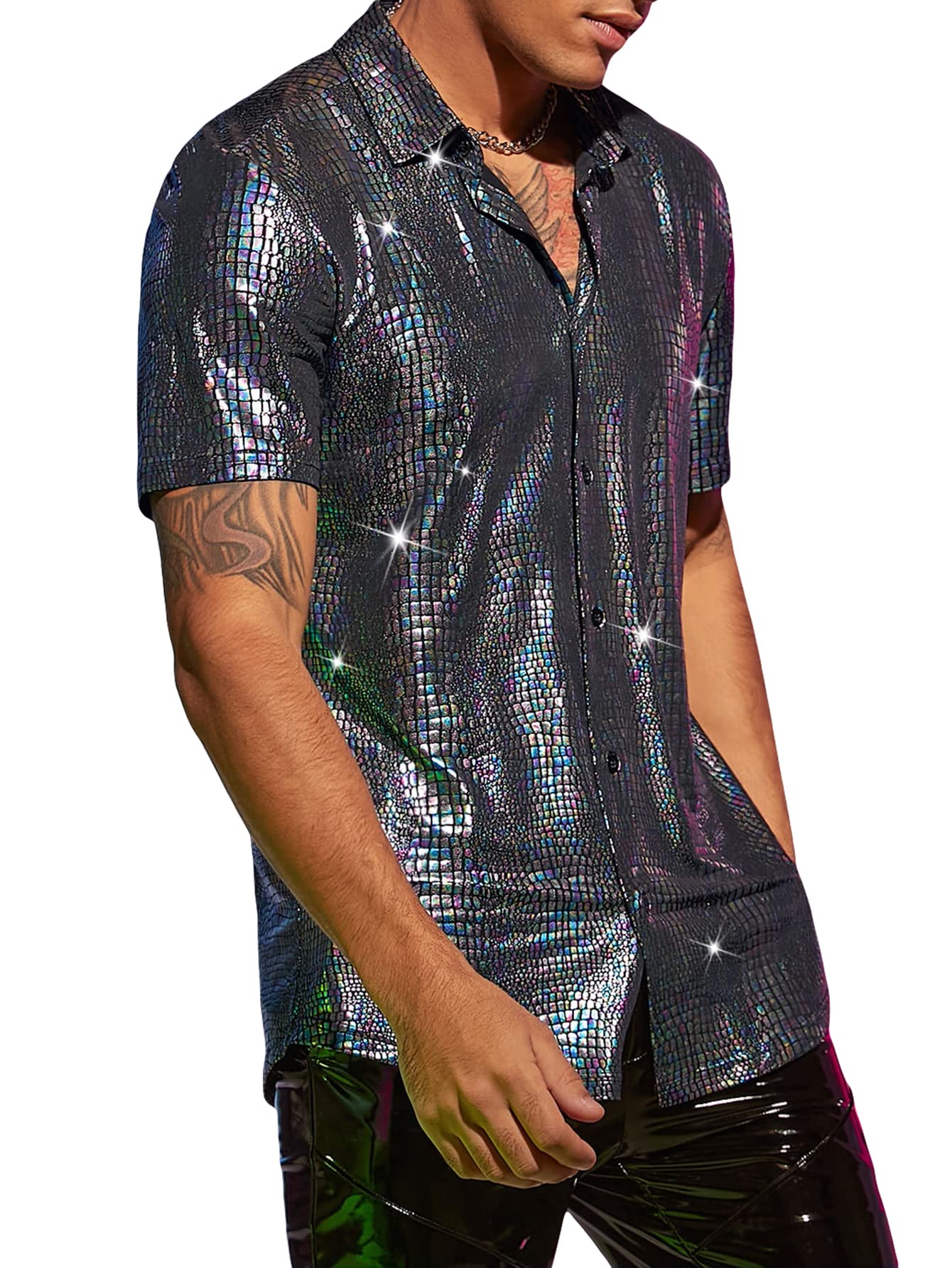 Wdiraramens 70s Sparkly Disco Top Crocodile Pattern Metallic Rave