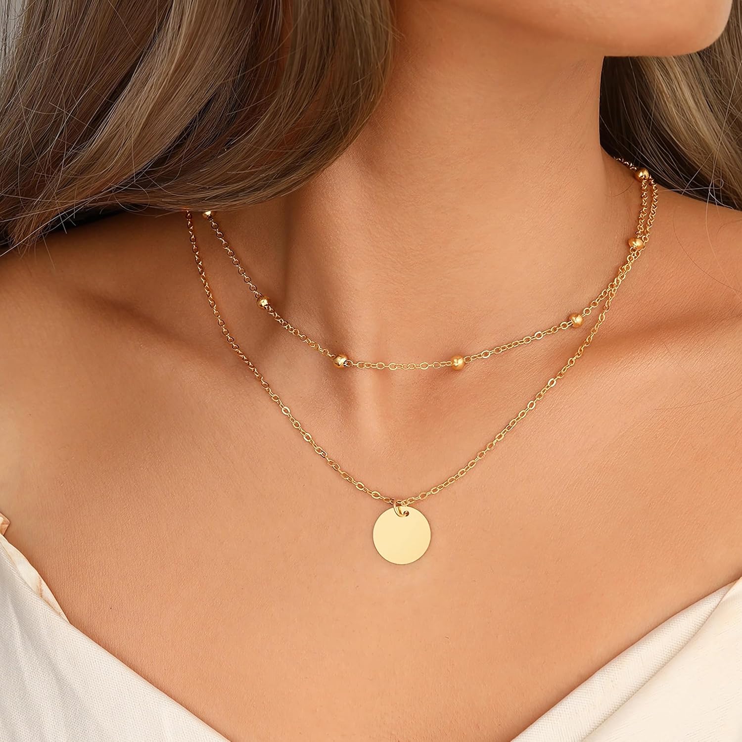 Layered Necklaces for Women Coin Beaded Necklace 18K Gold Plated 925 Sterling Silver Stackable Adjustable Pendant Choker Necklaces Trendy Minimalist Jewelry