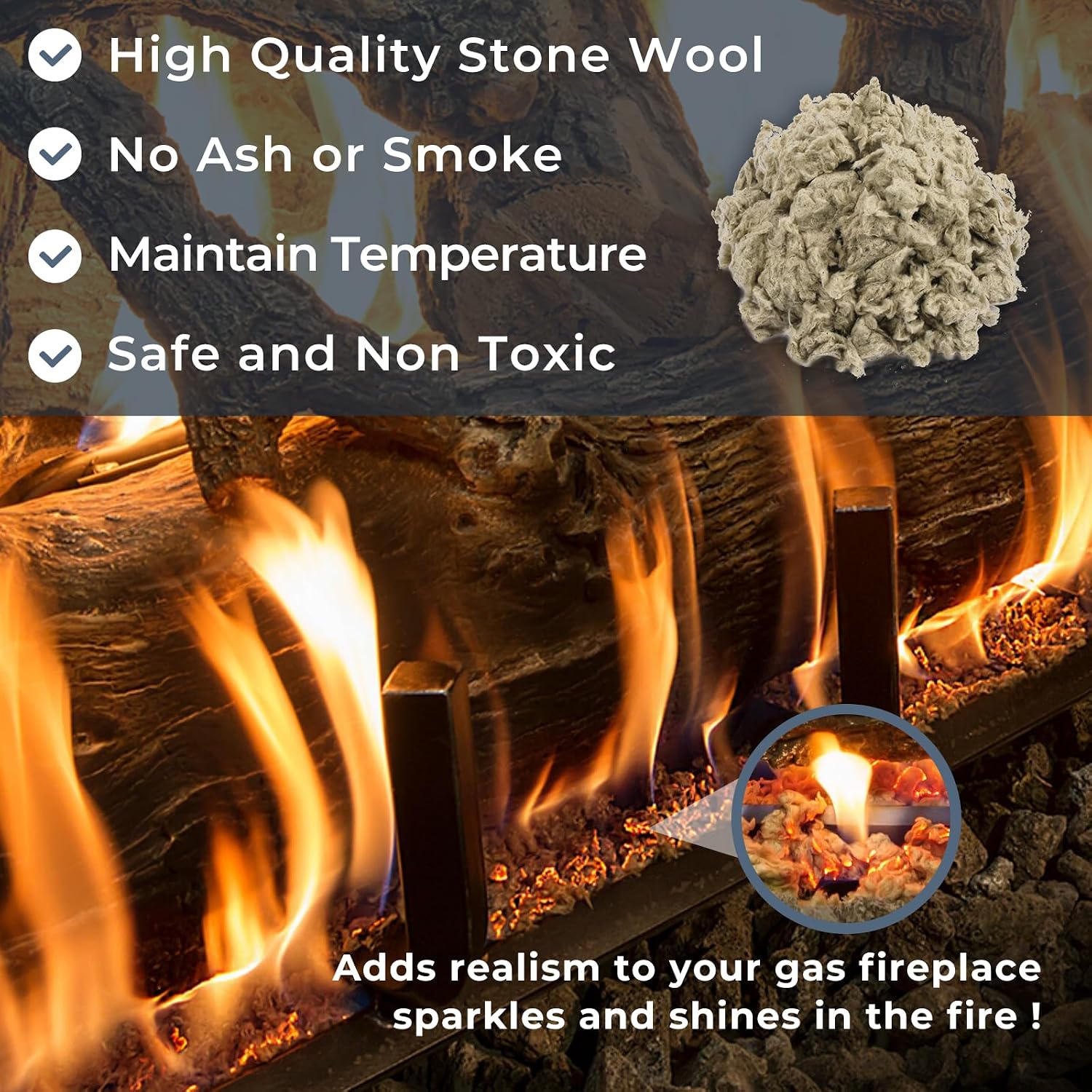 10 Oz Rock Wool Fireplace Embers for Gas Logs, Gas Fireplace Glowing Embers | Rock Wool Embers for Gas Log Sets,Natural Gas,Propane,Vented,Unvented,Indoor Gas Fireplace, Realistic Fake Flames