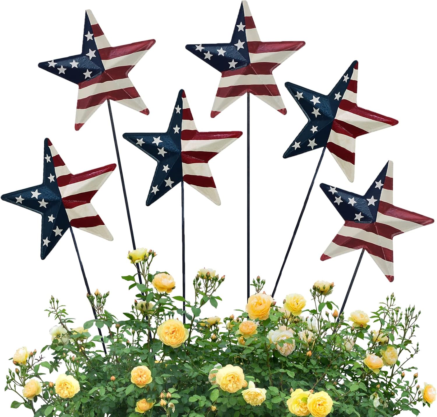 Metal Barn Stars Garden Stake Set of 6, American Flag Yard Sign USA Lawn Decoration Indoor Outdoor Patriotic Decor for July 4th Independence Day Memorial Day Party