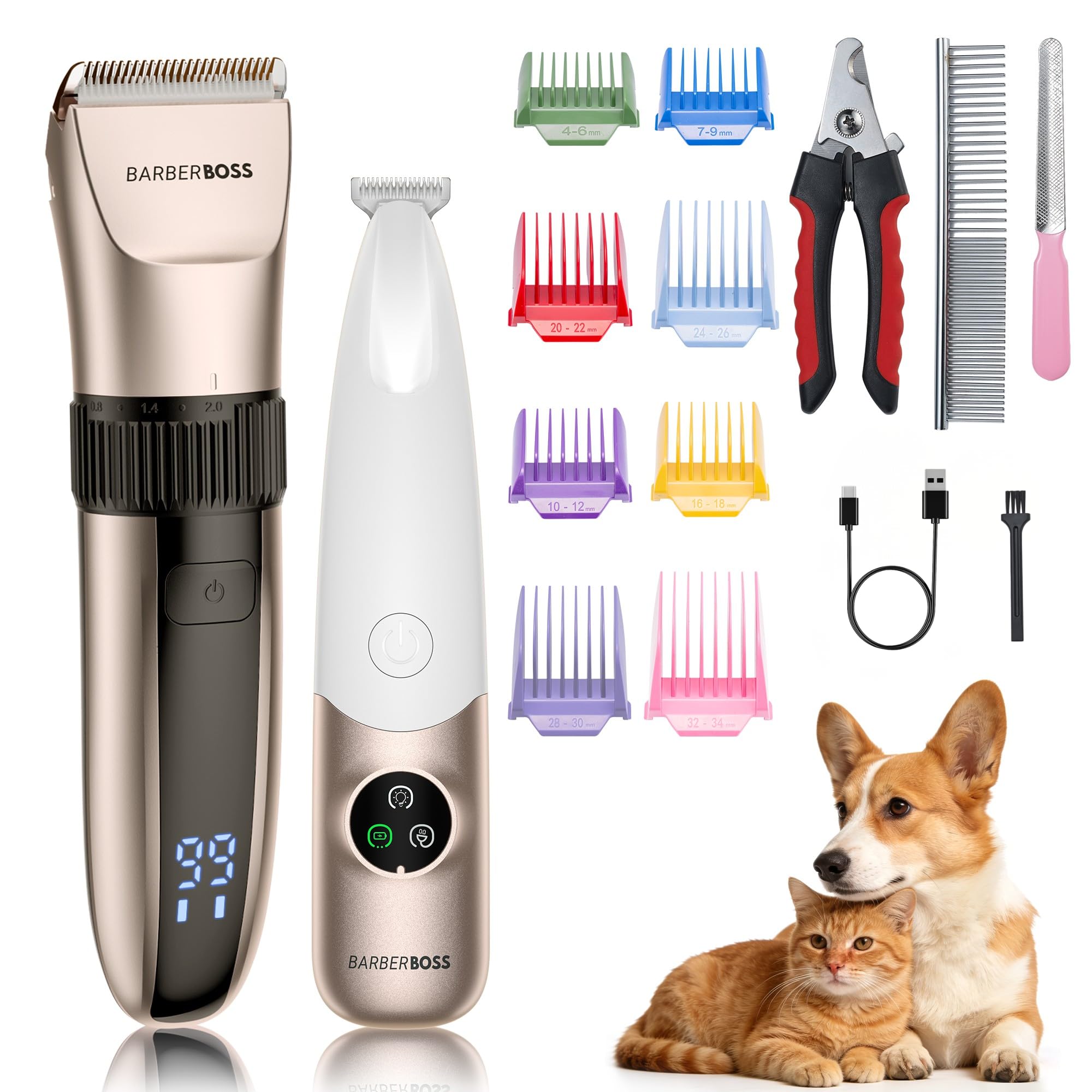BarberBoss Dual Pet Hair Clippers, Trimmer for Body Grooming and Mini Precision Trimmer for Paws, face, and Ears, Waterproof & USB Rechargeable, 2-in-1 Grooming Kit for Pet’s, QR-9112