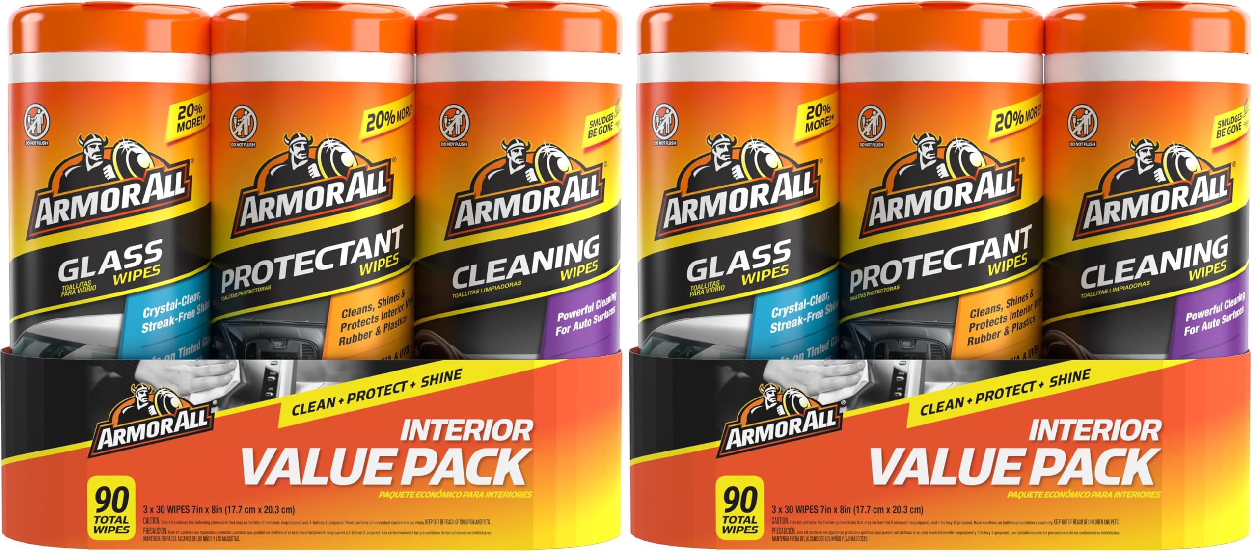 Armor All Protectant, Glass and Cleaning Wipes, Wipes for Car Interior and Car Exterior, 30 Count Each (Pack of 6)