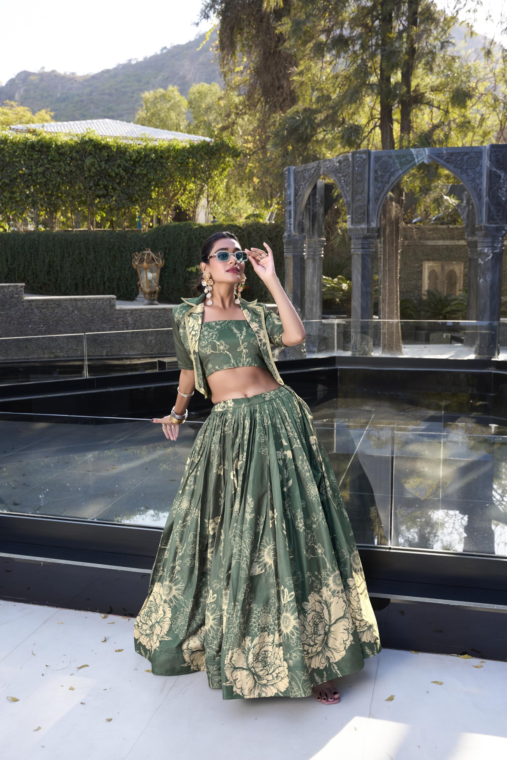 LooknBook Women's Tussar Silk Ready to Wear Stitched Lehenga Choli Set with Heavy Tassels Koti and Foil Printed Floral Pattern - Image 4 thumbnail