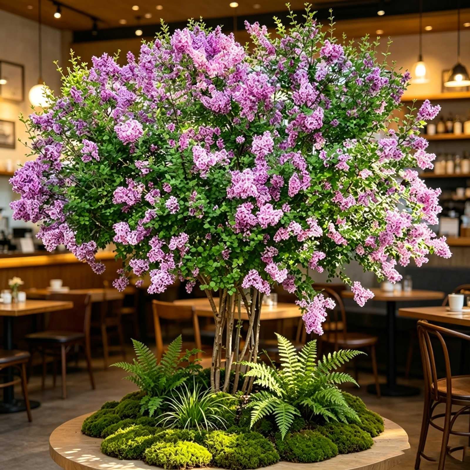 KIBONCY Large Indoor Artificial Lilac Tree, Real Texture Purple Bloom Fake with Matching Fern Moss Base, Minimalist Concrete Wall Scene Decor(1.2x1m)