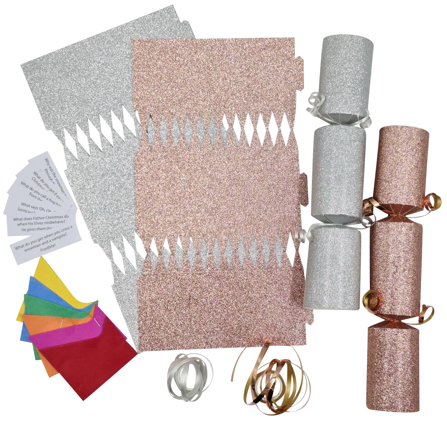 evelay 12 Make Your Own Christmas Cracker kit Crackers Hats Snaps Red Gold Green Blue Pink White Silver Glitter Crackers (Rose Gold and Silver Glitter) — image 1