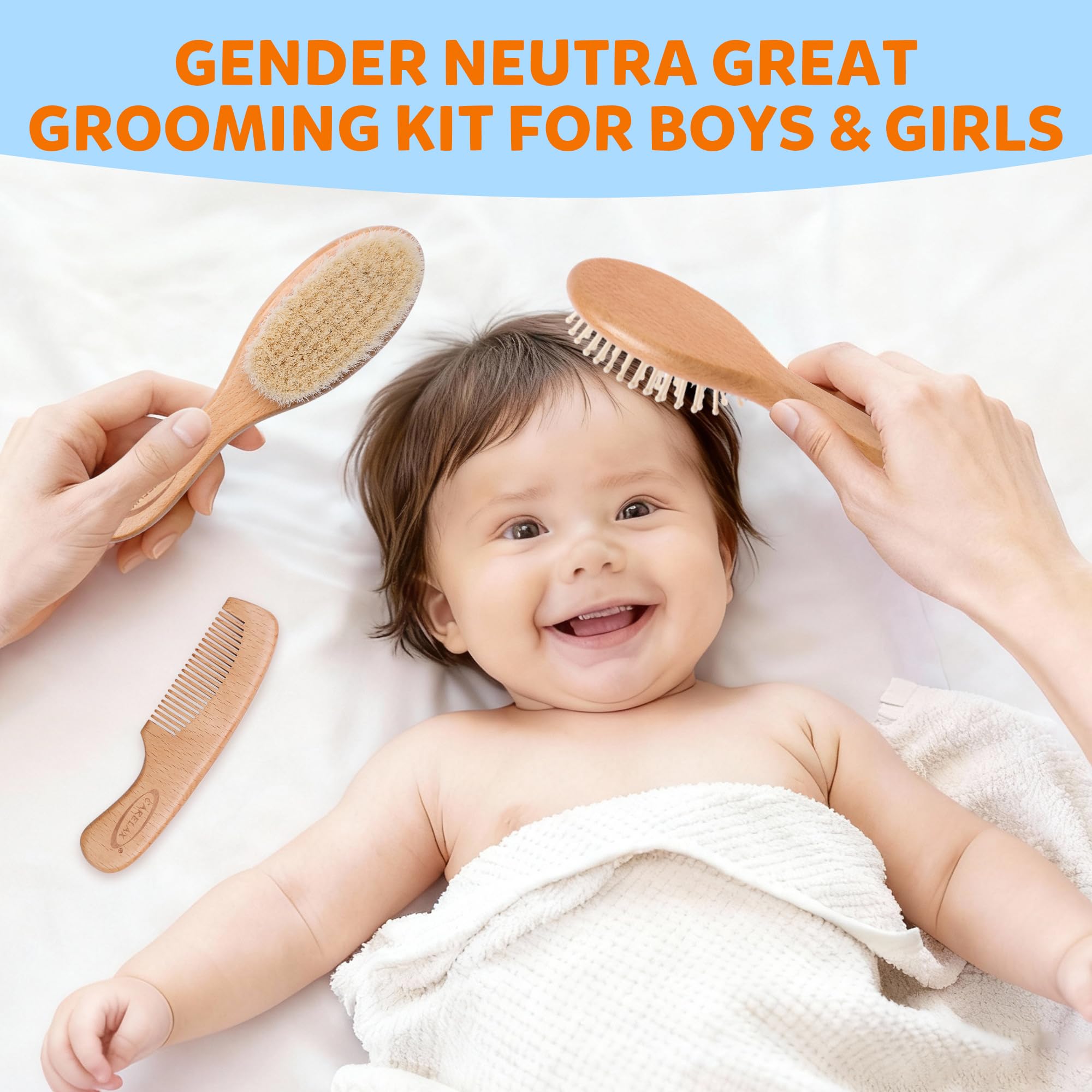 Baby Haarbürste & Kamm Set, Bio Holz Haarbürste Natürliche Ziegenborsten 3-teilig für Neugeborene & Kleinkinder, Ideal für Wiegenmütze & Juckreiz, Perfektes Dusch- und Registrierungsgeschenk für