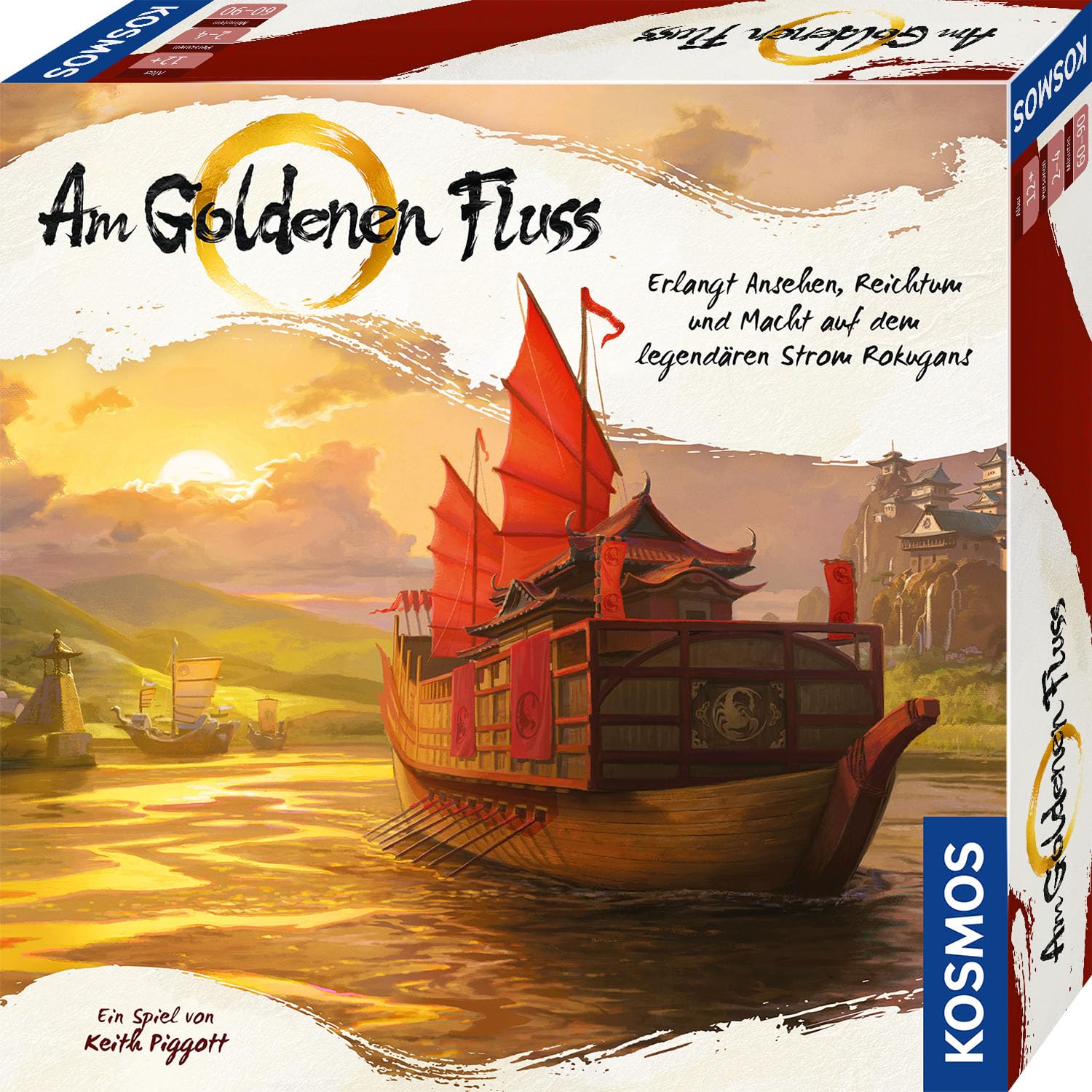 Kosmos 685447 Am goldenen Fluß, Strategiespiel für Kenner mit taktischer Tiefe und Vorausplanung, für 2-4 Personen ab 12 Jahre, Spielplan mit Goldprägung, Cleverer Würfelmechanismus