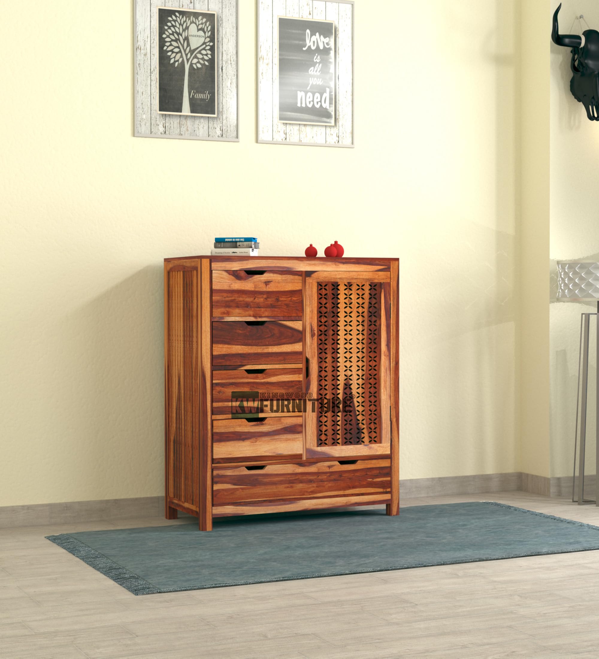 KINGWOOD FURNITURE Bendigo Chest of 5 Drawer with Single Door | Storage Cabinet & Sideboard Wooden Dresser for Bedroom and Living Room in Sheesham Wood (Honey)-image-25