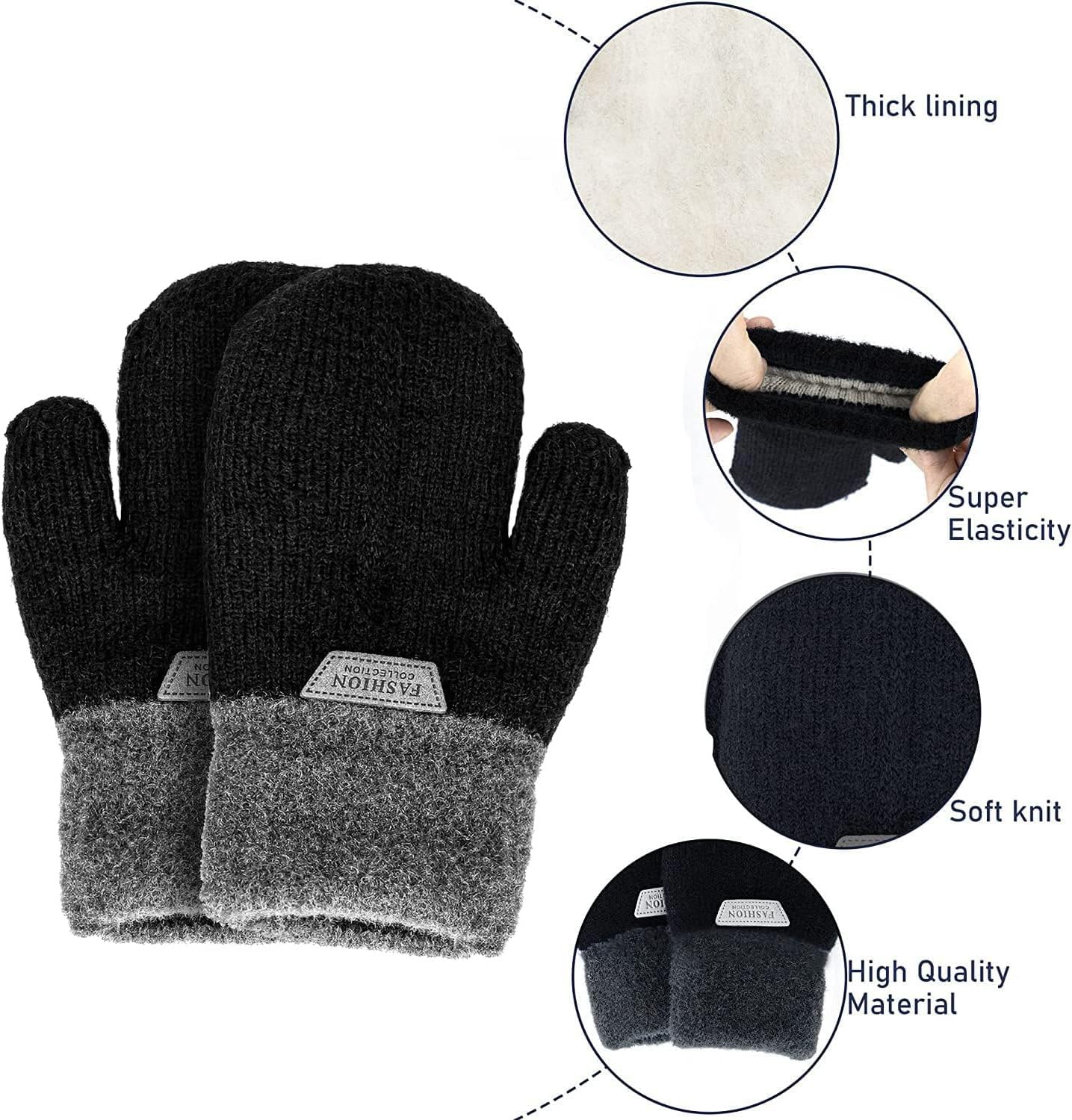 Kids-Mittens with Warm Wool-Fleece-Lined - Cold Weather Boys-Girls Knitted-Gloves for Skiing Snowboarding