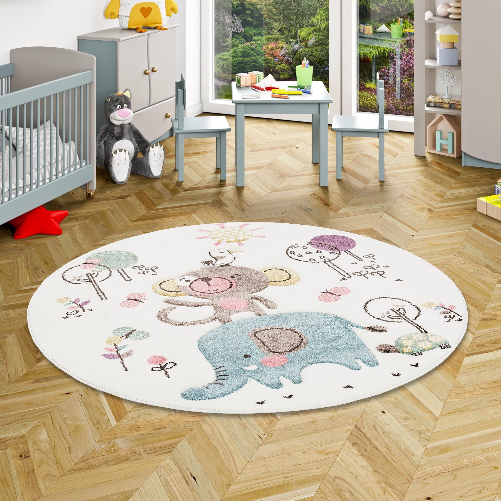 Pergamon Maui Kids - Tappeto Bambini - Animali Divertenti - Crema - Rotondo - 3 Dimensioni