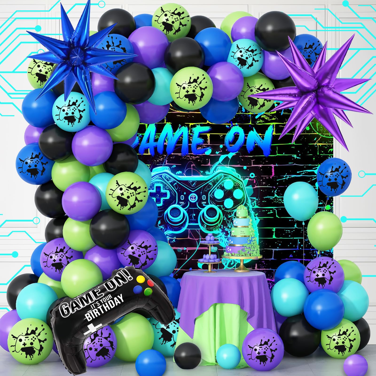 120 Pcs Video Game Balloon Garland Arch Kit, Black Blue Purple Light Green Balloons For Cartoon Gaming Night Themed Birthday Decorations Boys Kids