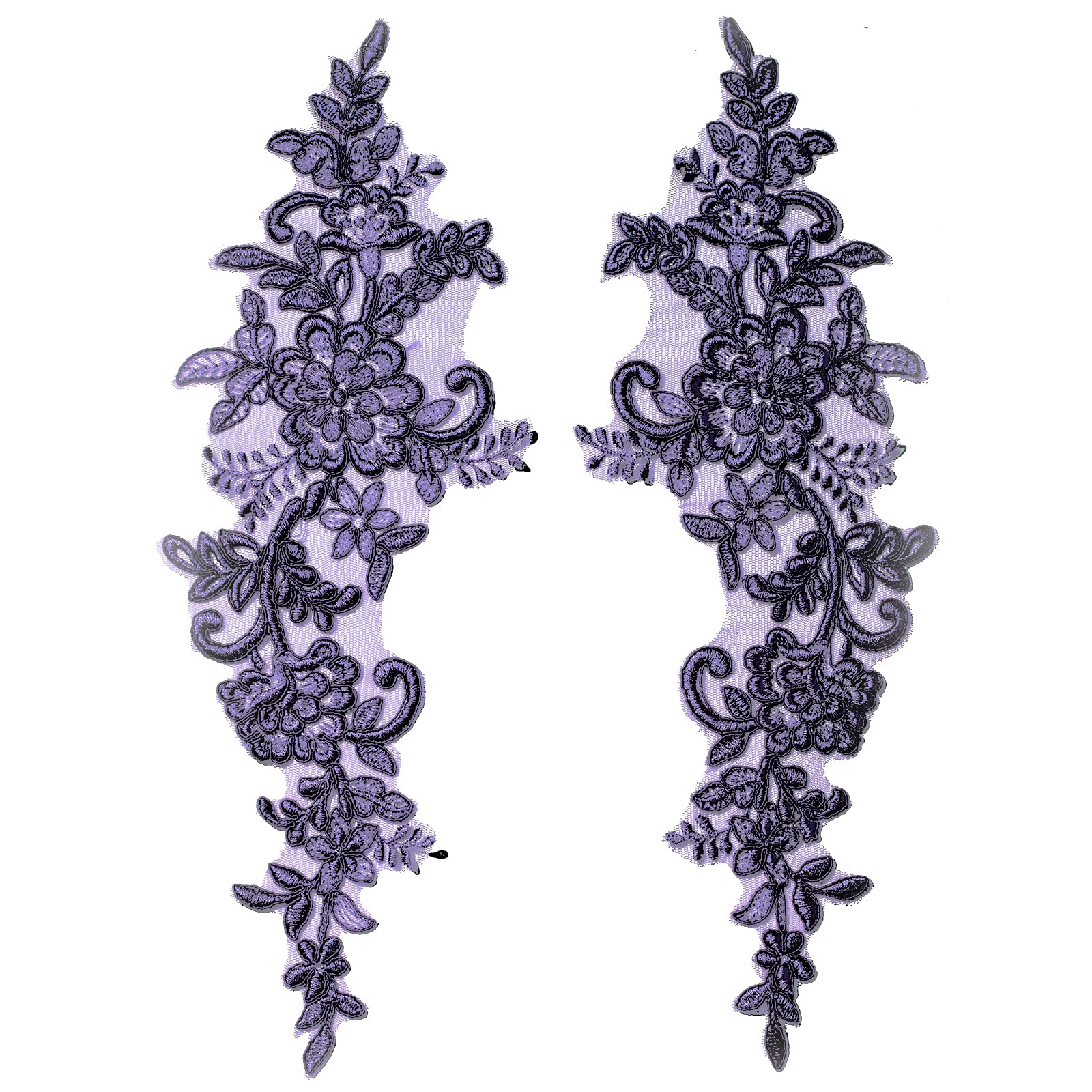 2 Pieces Extra Large Embroidered Bridal Lace Applique Trim Motif with Corded #41A (Purple)