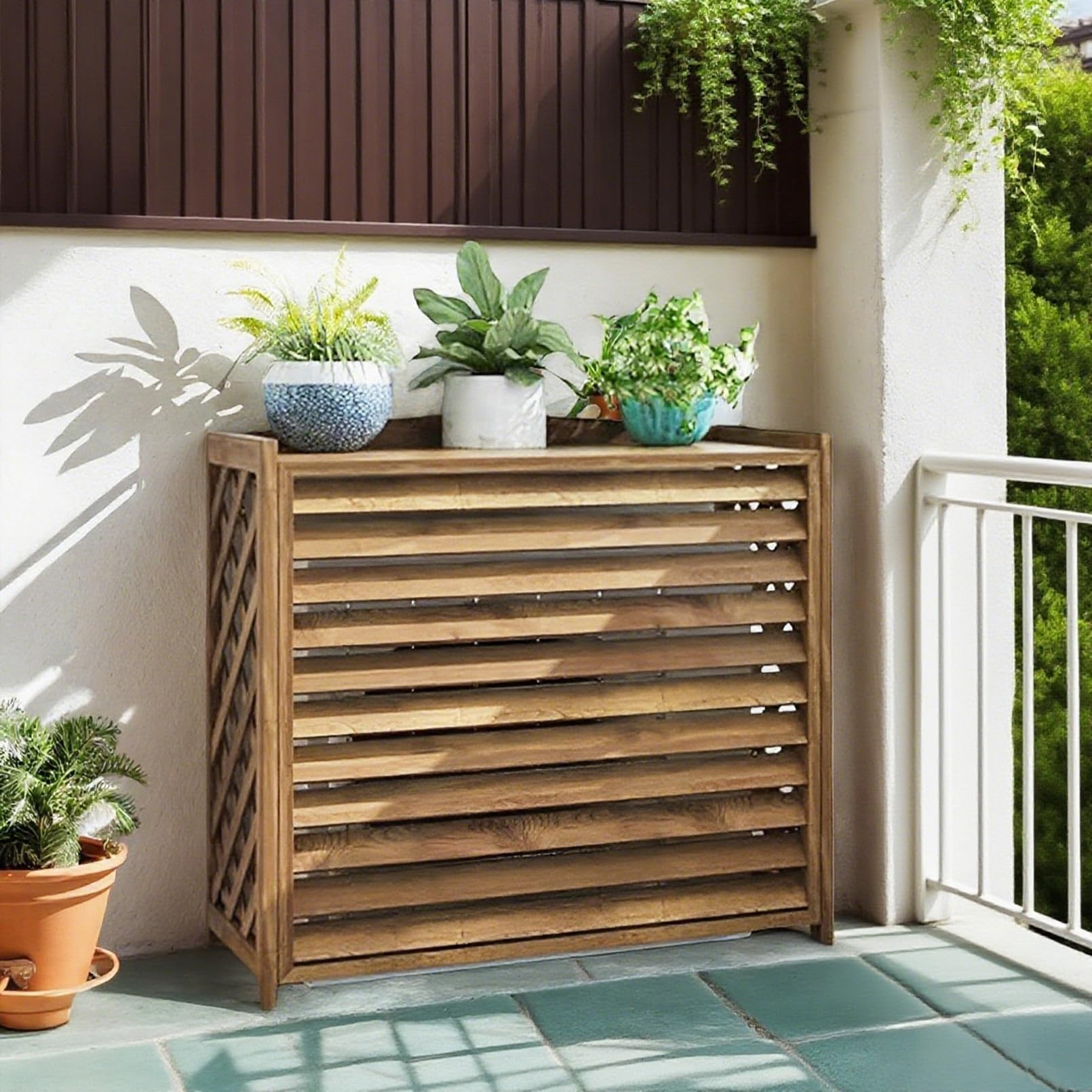 Copertura Motore Condizionatore Esterno Legno Supporto per Fiori Marrone Mobile Copri Condizionatore Da Esterno Legno Massello Supporto per Piante Da Esterno per Protezione E Decorazione(120x57x100cm)