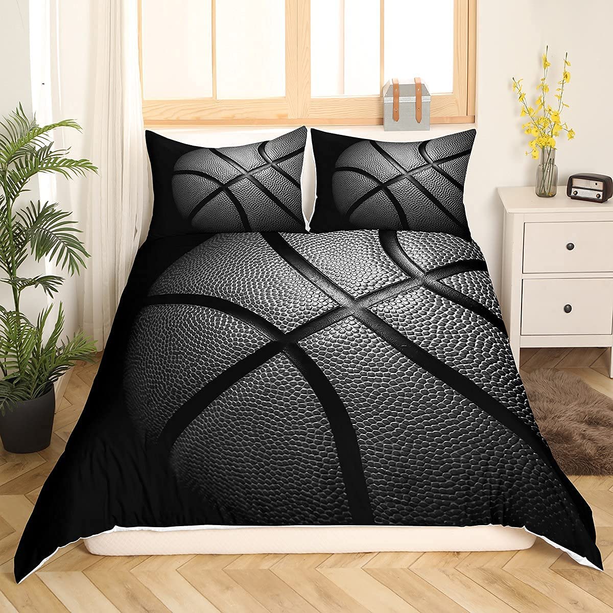 Tbrand Funda de edredón Baloncesto Negro King 3D Colecciones Deportivas Funda de edredón para niños,Ultra Suave,3 Piezas,Cool Boys Young Comforter Cover Sets (1 2 Fundas de Almohada