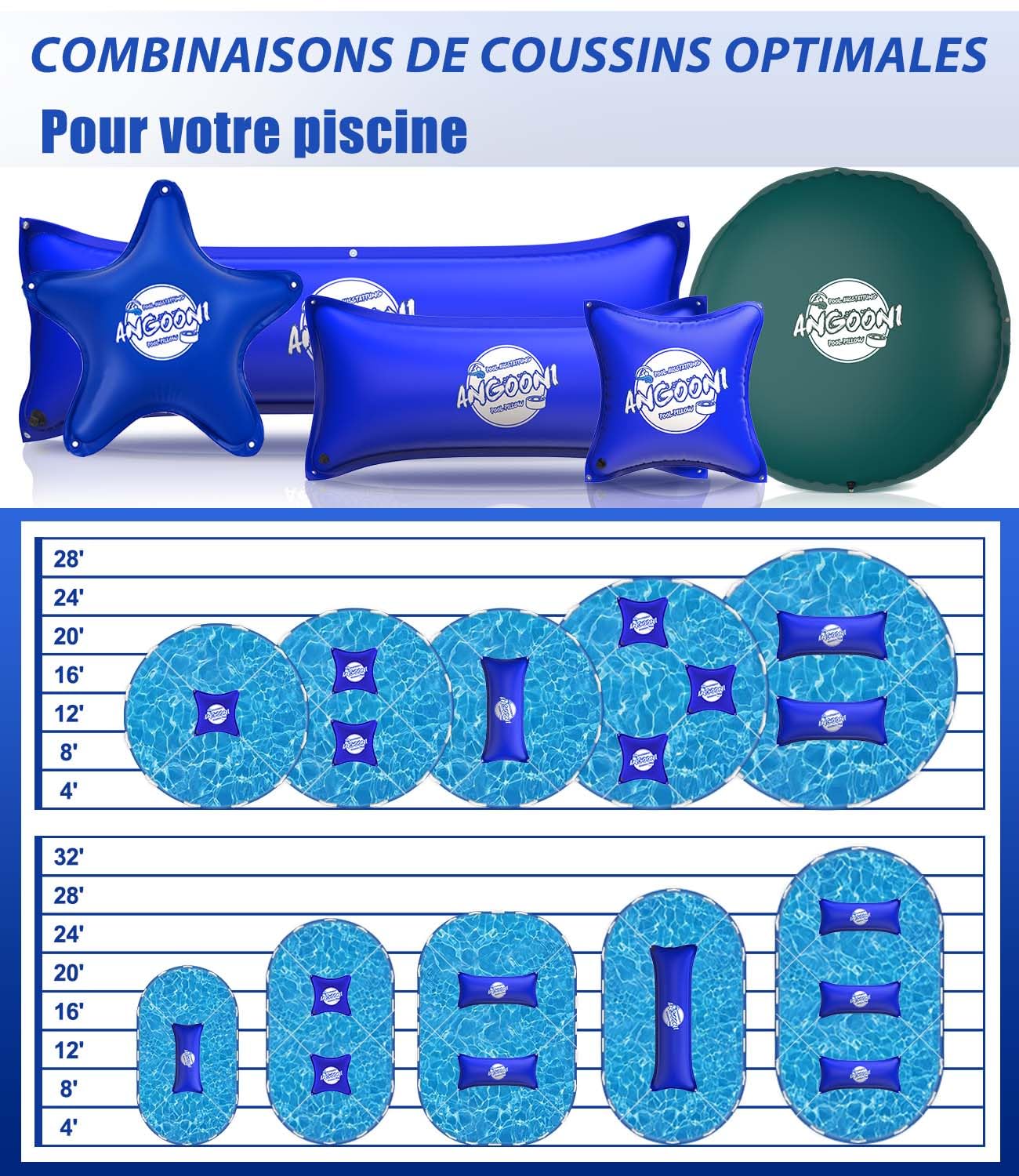 Angooni Coussin de piscine d'hiver 150 × 150 cm XXL avec double couture pour couverture de piscine – Coussin de piscine pour l'hiver avec valve Boston double inflation