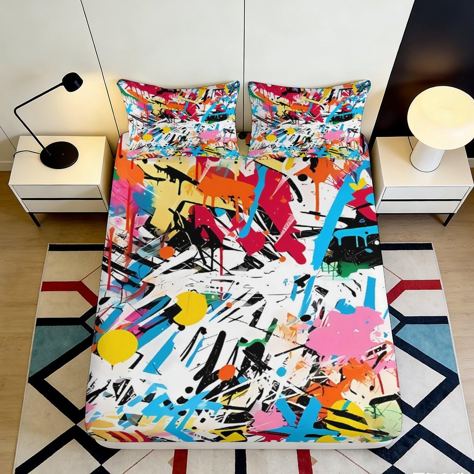 3D Printed Colorful Graffiti Fitted Sheet Microfiber Soft Breathable Abstract Splash Bed Cover for Bedroom Dorm Decor 90x200x25cm