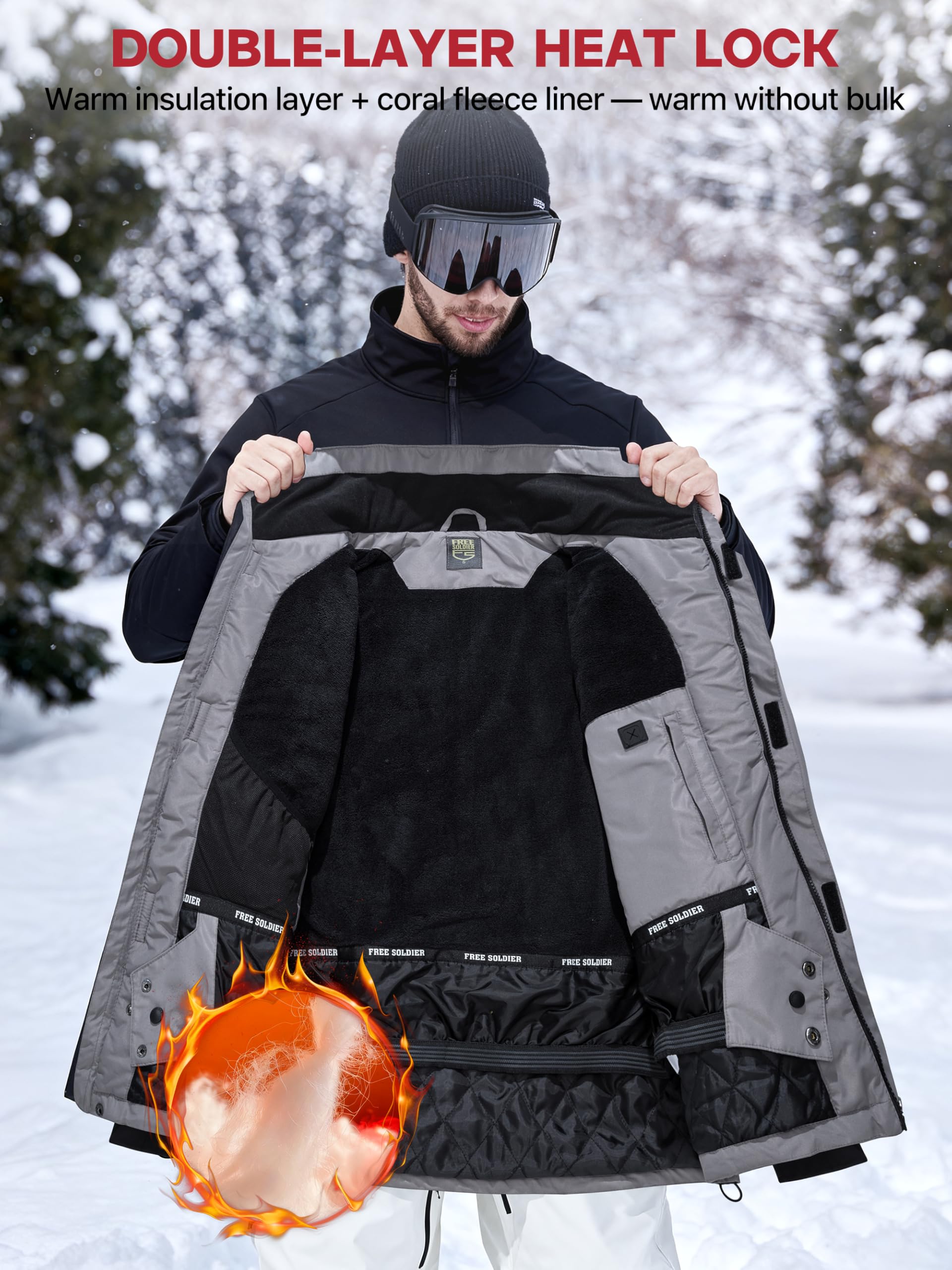 FREE SOLDIER Chaqueta de esquí impermeable para hombre con forro polar cálido cuello de nieve de invierno con capucha y costuras totalmente selladas