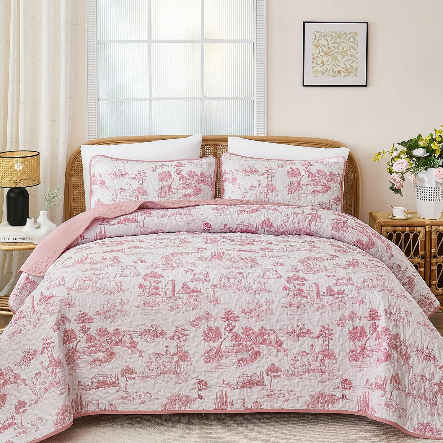 Drucon Toile Village Quilt Set Queen Size,Pink Botanical Christmas Quilts Bedspread for All Season,Soft Microfiber Bedding Coverlet Set 96"x90"(3 Pieces, Queen)
