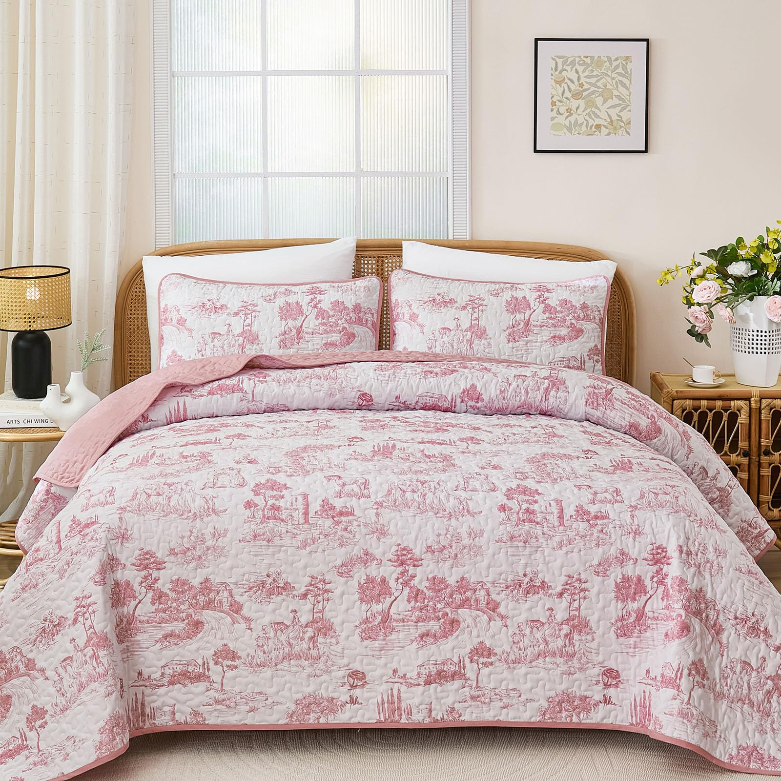 Drucon Toile Village Quilt Set Queen Size,Pink Botanical Quilts Bedspread for All Season,Soft Microfiber Bedding Coverlet Set 96"x90"(3 Pieces, Queen)