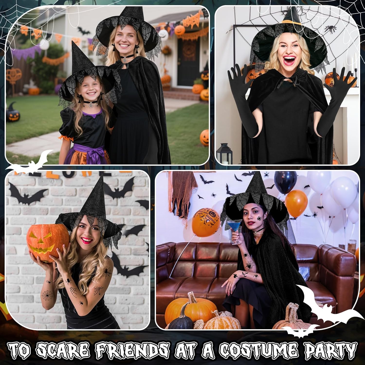 SelfTek Witch Costume for Women - Halloween Womens Wit-ch Costume, 17-Piece Hooded Cloak, Witc-h Hat, Long Gloves, Spider Necklace, Eardrop, Tattoo Stickers, for Halloween, Cosplay Props Party Outfits - Image 7