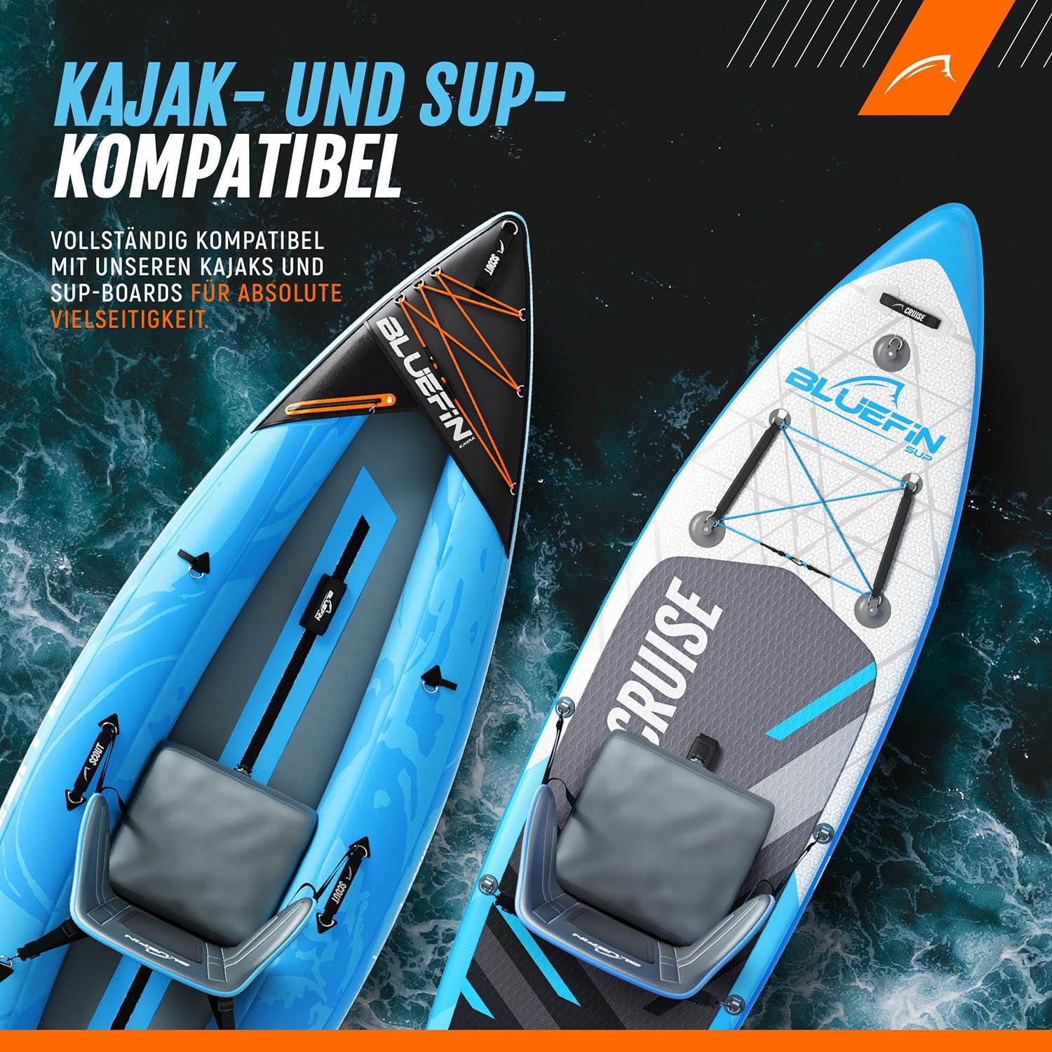 Bluefin SUP & Kajak-Sitz | Aufblasbares Sitzpolster, Netz-Tasche | Verstellbare Riemen, rostfreie Clips | Verstärkte Stützstangen | Leichter Quick-Dry-Sitz | Grau