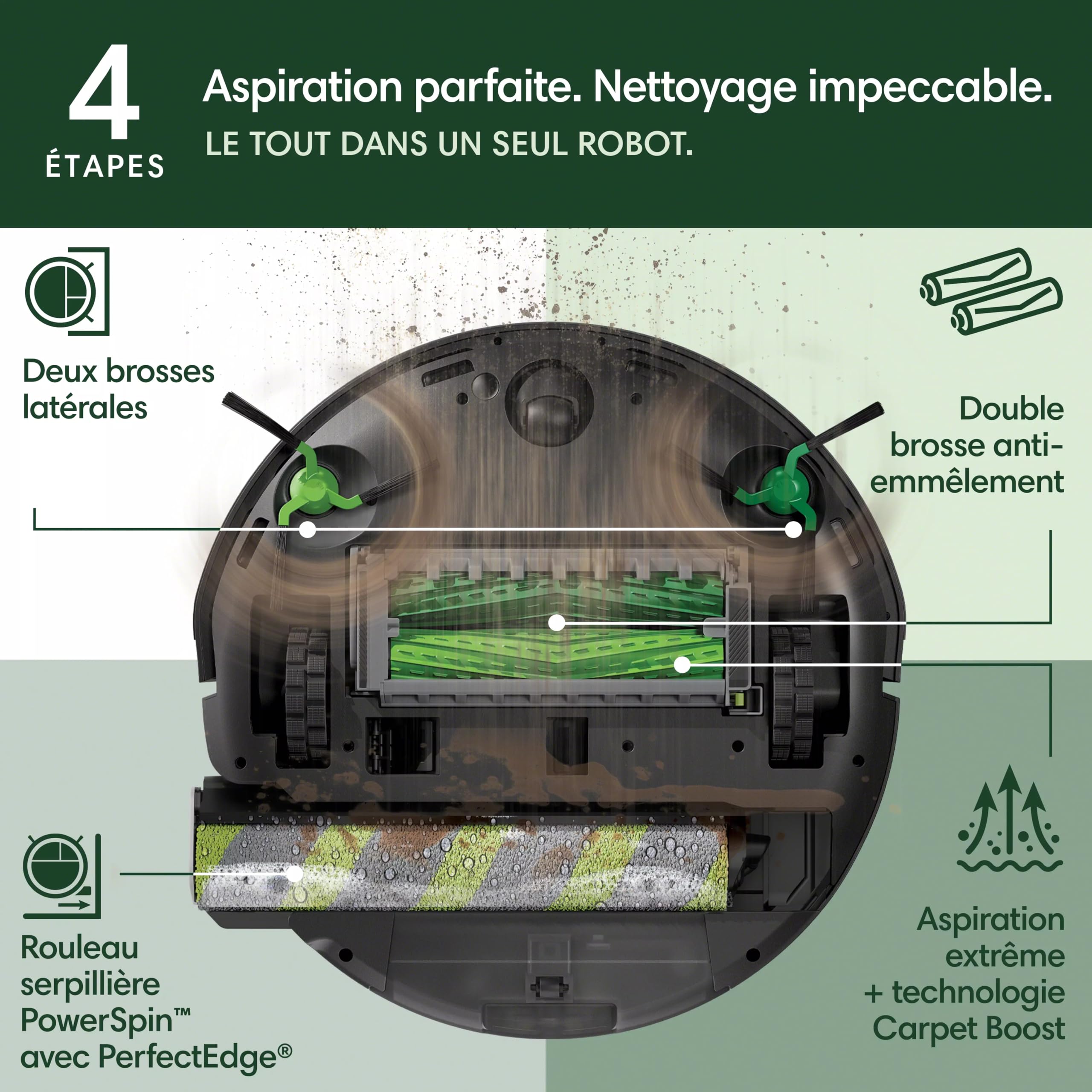 iRobot Roomba Max 705 Combo + Base AutoWash, Rouleau serpillière PowerSpin, Protection du Rouleau, Deux brosses, Vidage Automatique, Séchage du Rouleau à l’air Chaud, évite Les Objets, LiDAR, Noir