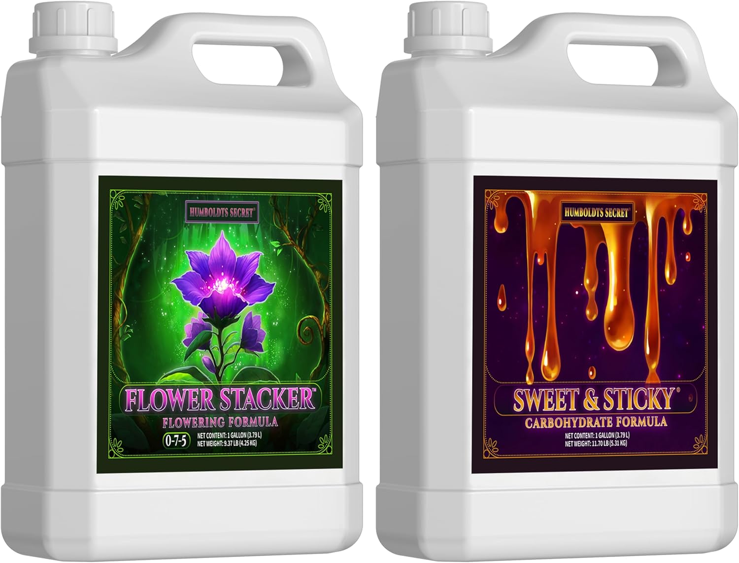 Humboldts Secret Flower Stacker Nutrient System for Potting Soil for Indoor & Outdoor Plants (1 Gallon) w/Sweet & Sticky – Carbohydrate and Saccharide Energy Source – Energy for Plants (1 Gallon)